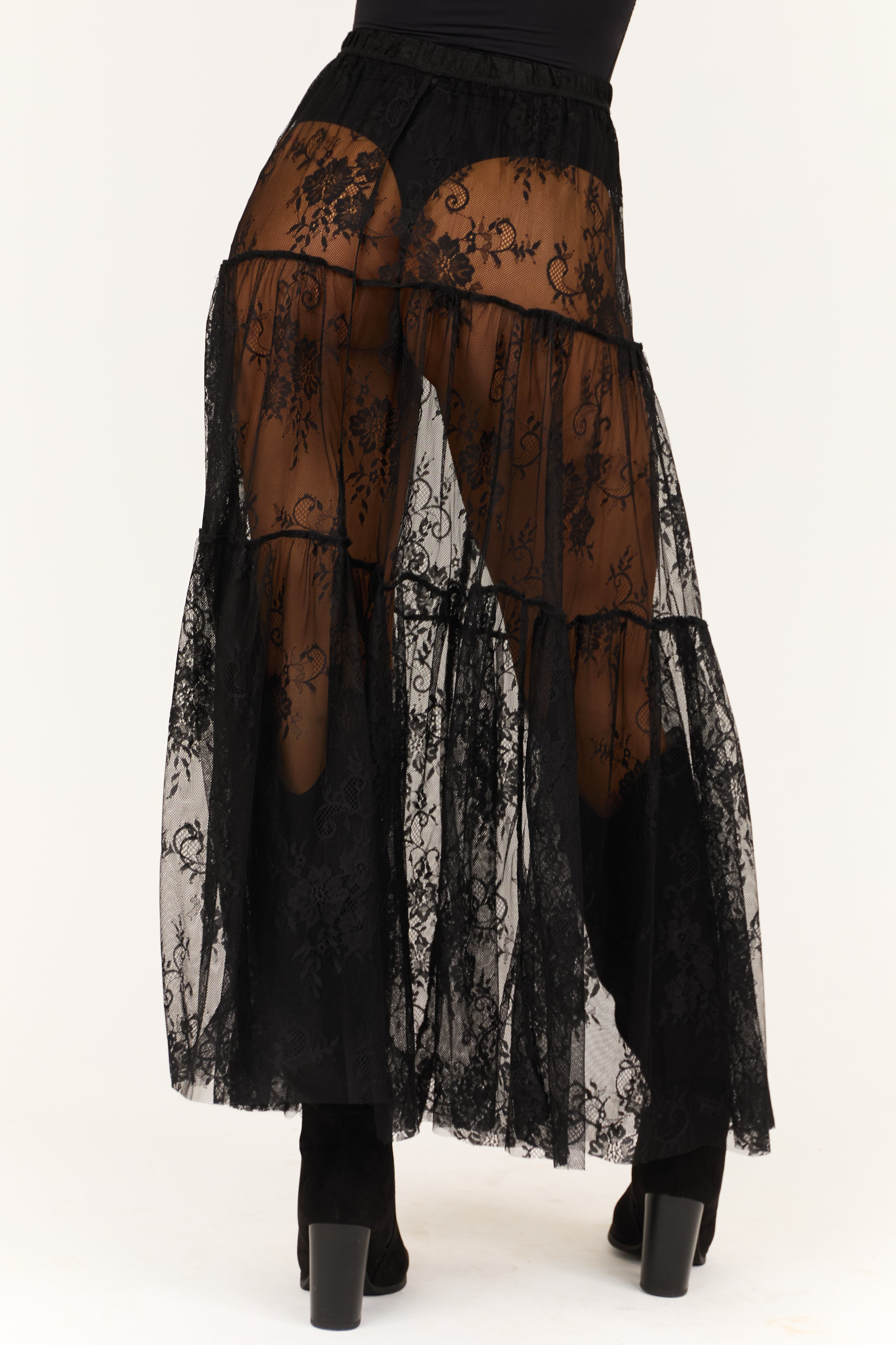 Black Sheer Floral Lace Tiered Maxi Skirt-Newayad