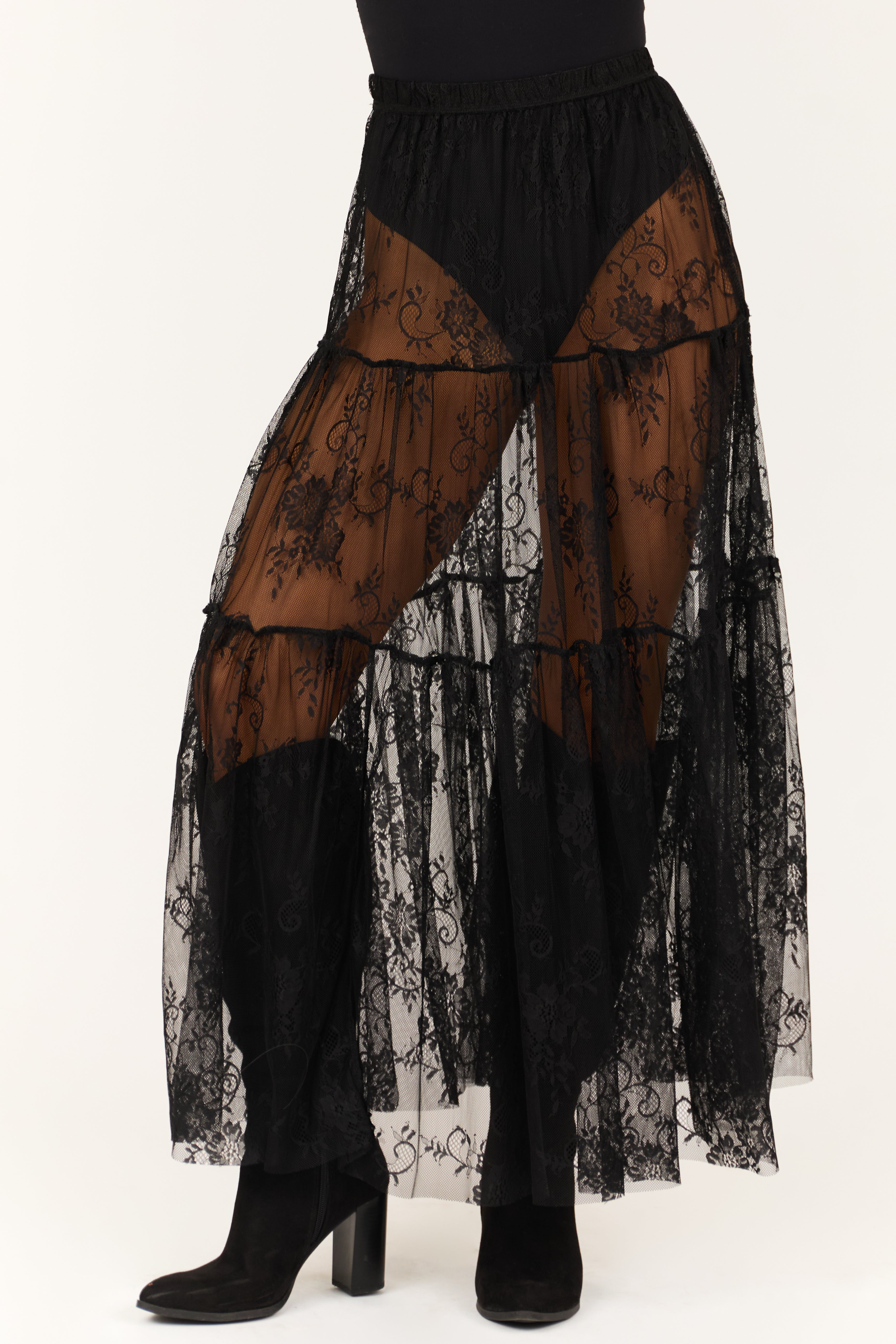Black Sheer Floral Lace Tiered Maxi Skirt-Newayad