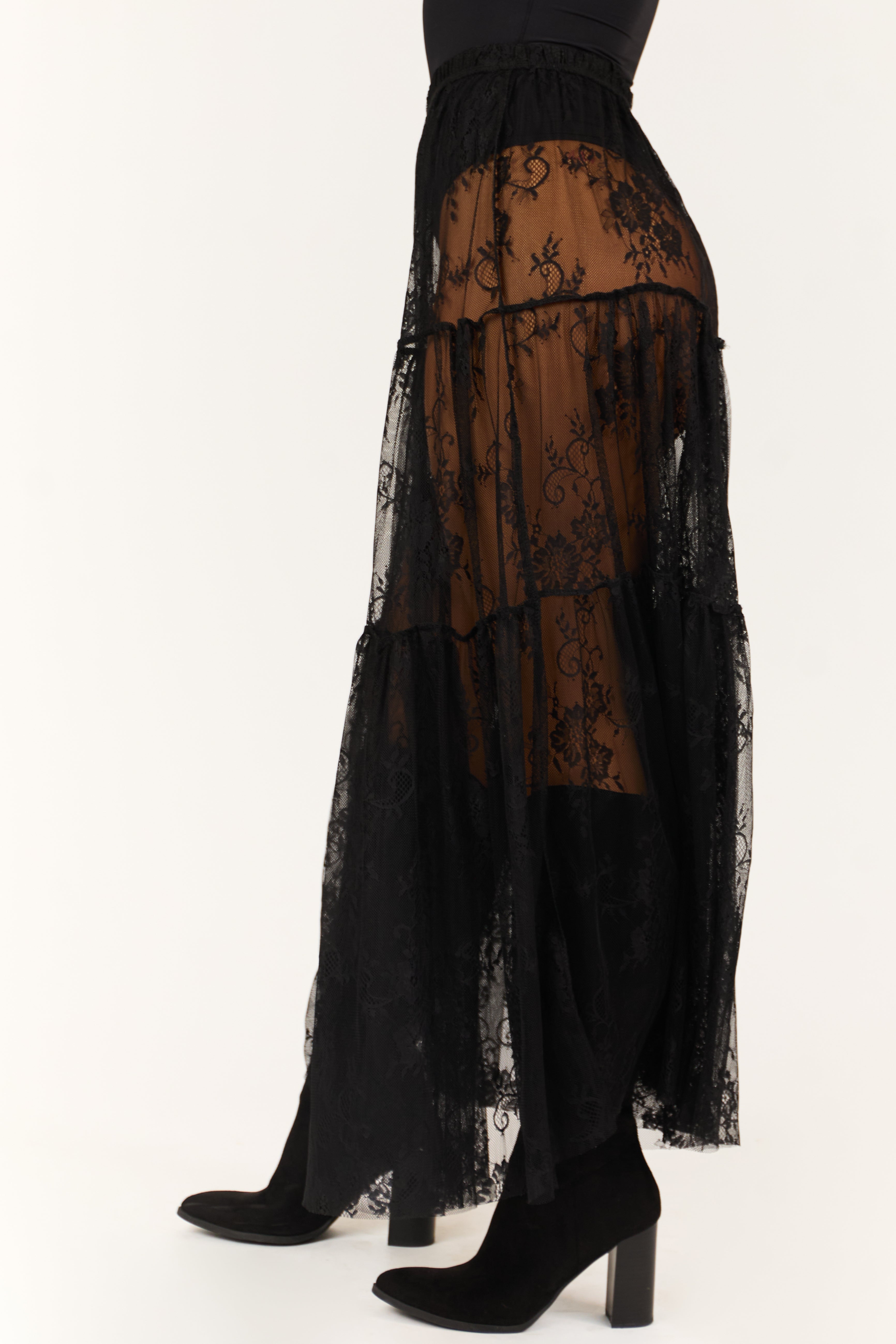 Black Sheer Floral Lace Tiered Maxi Skirt-Newayad