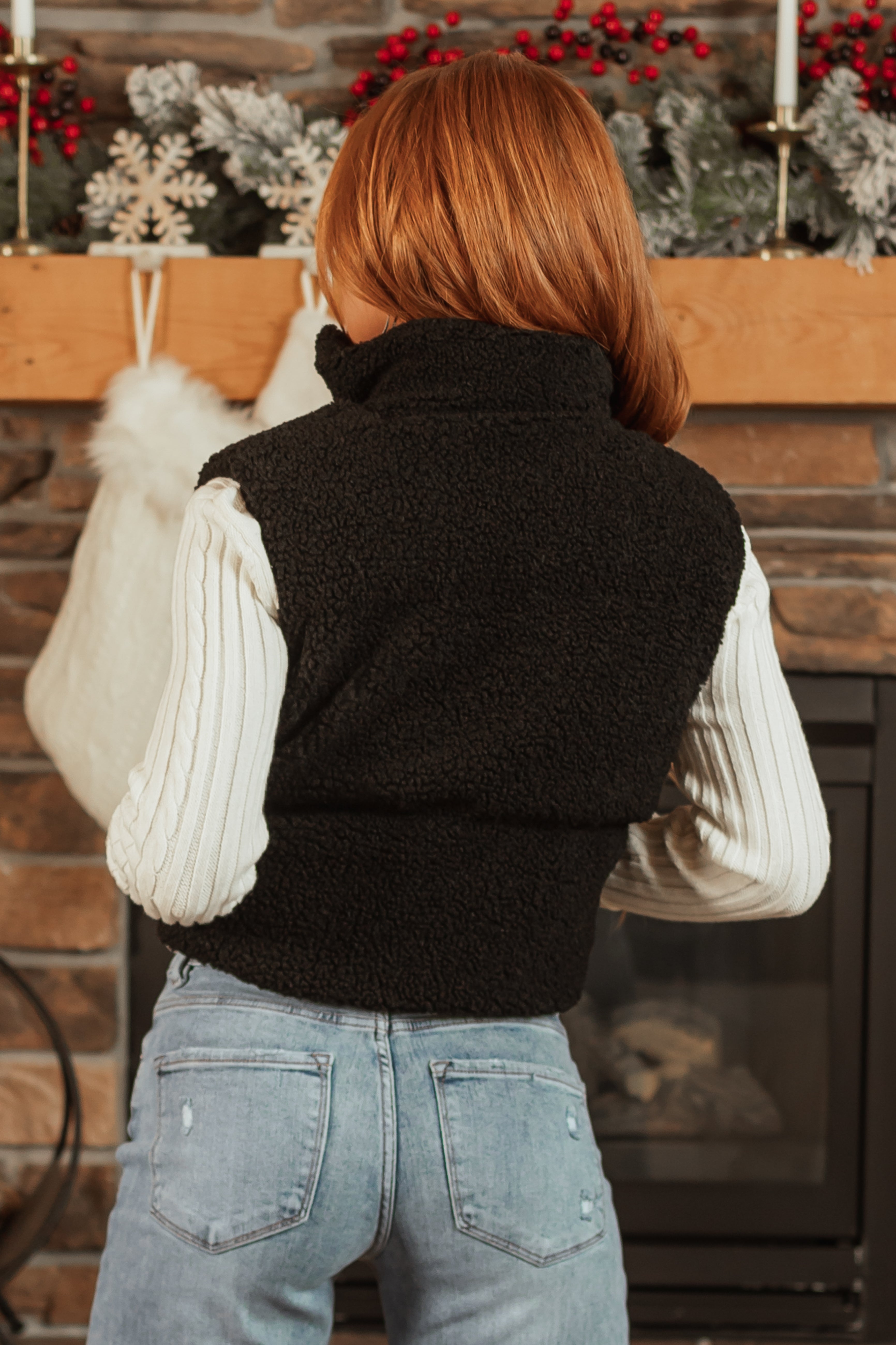 Black Sherpa Zip Up Collared Puffer Vest-Newayad