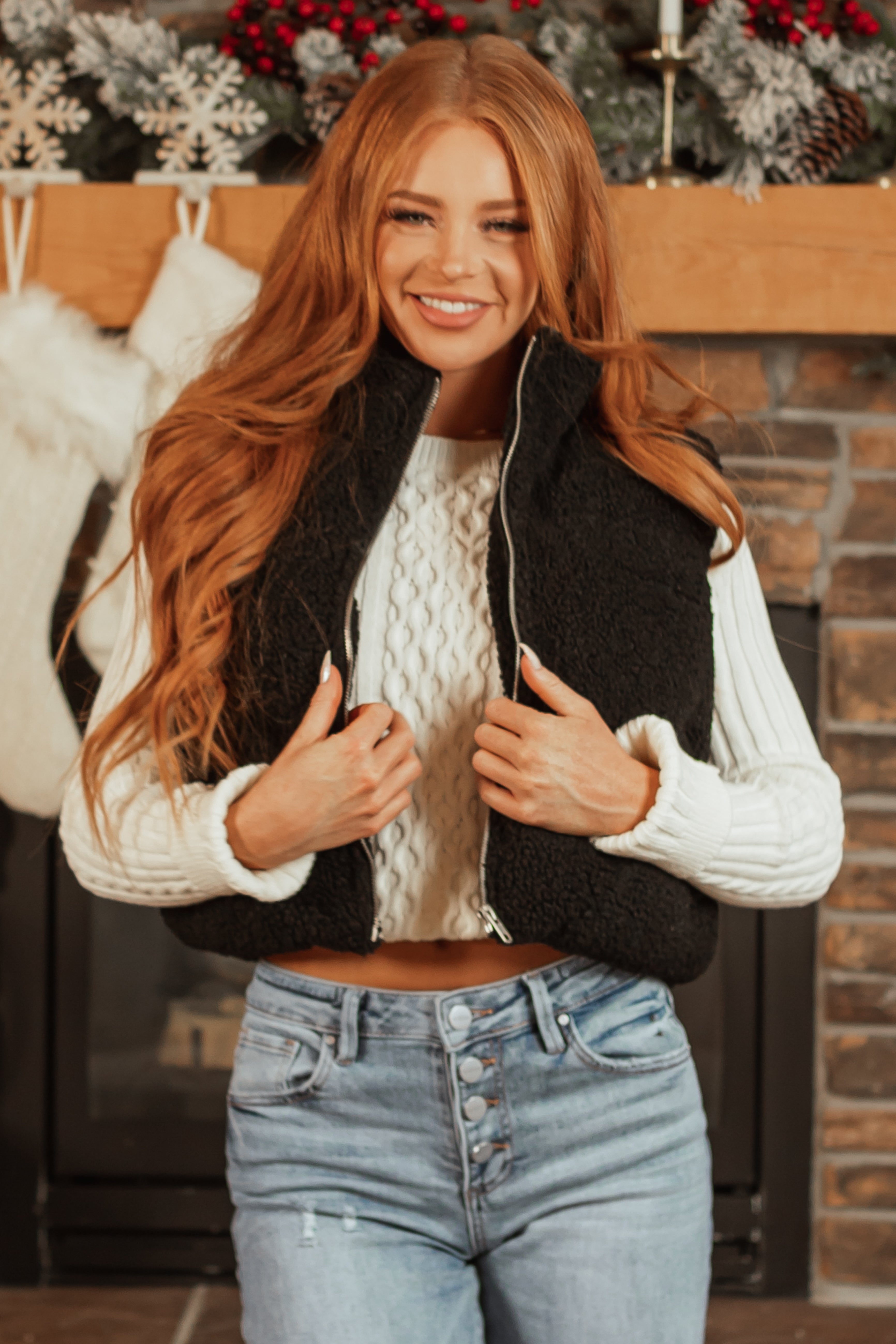 Black Sherpa Zip Up Collared Puffer Vest-Newayad