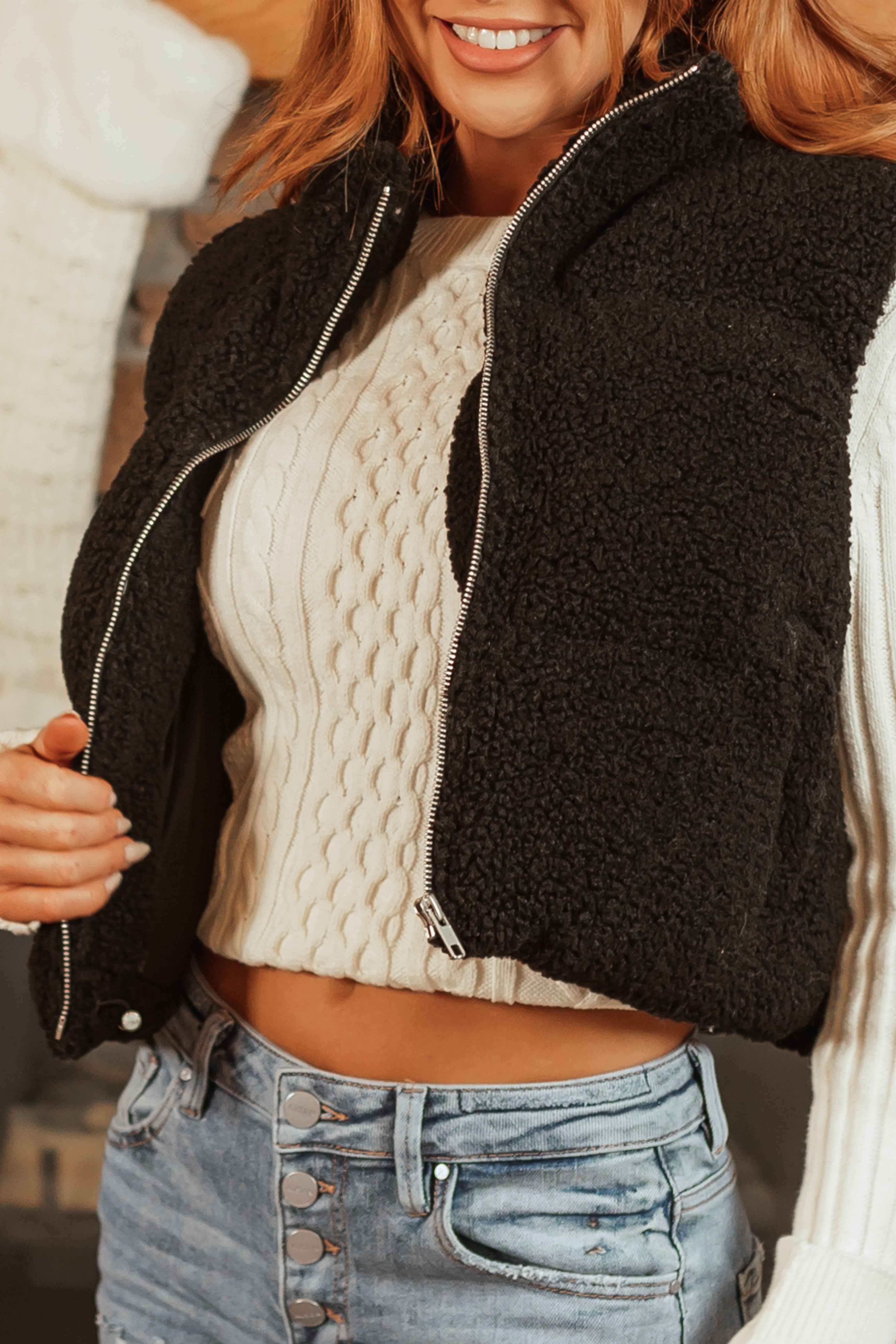 Black Sherpa Zip Up Collared Puffer Vest-Newayad