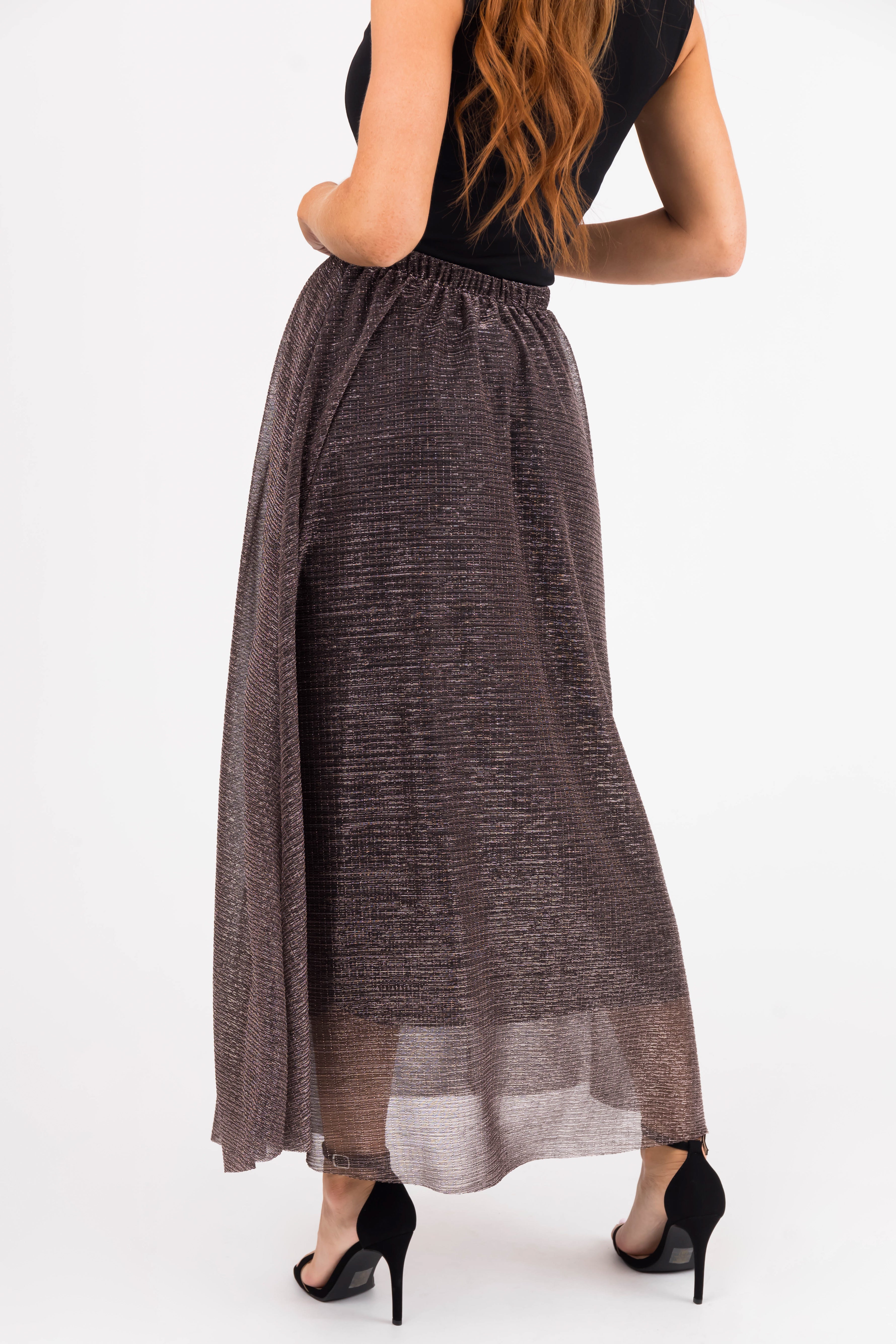 Black Shiny Metallic Elastic Waist Maxi Skirt-Newayad