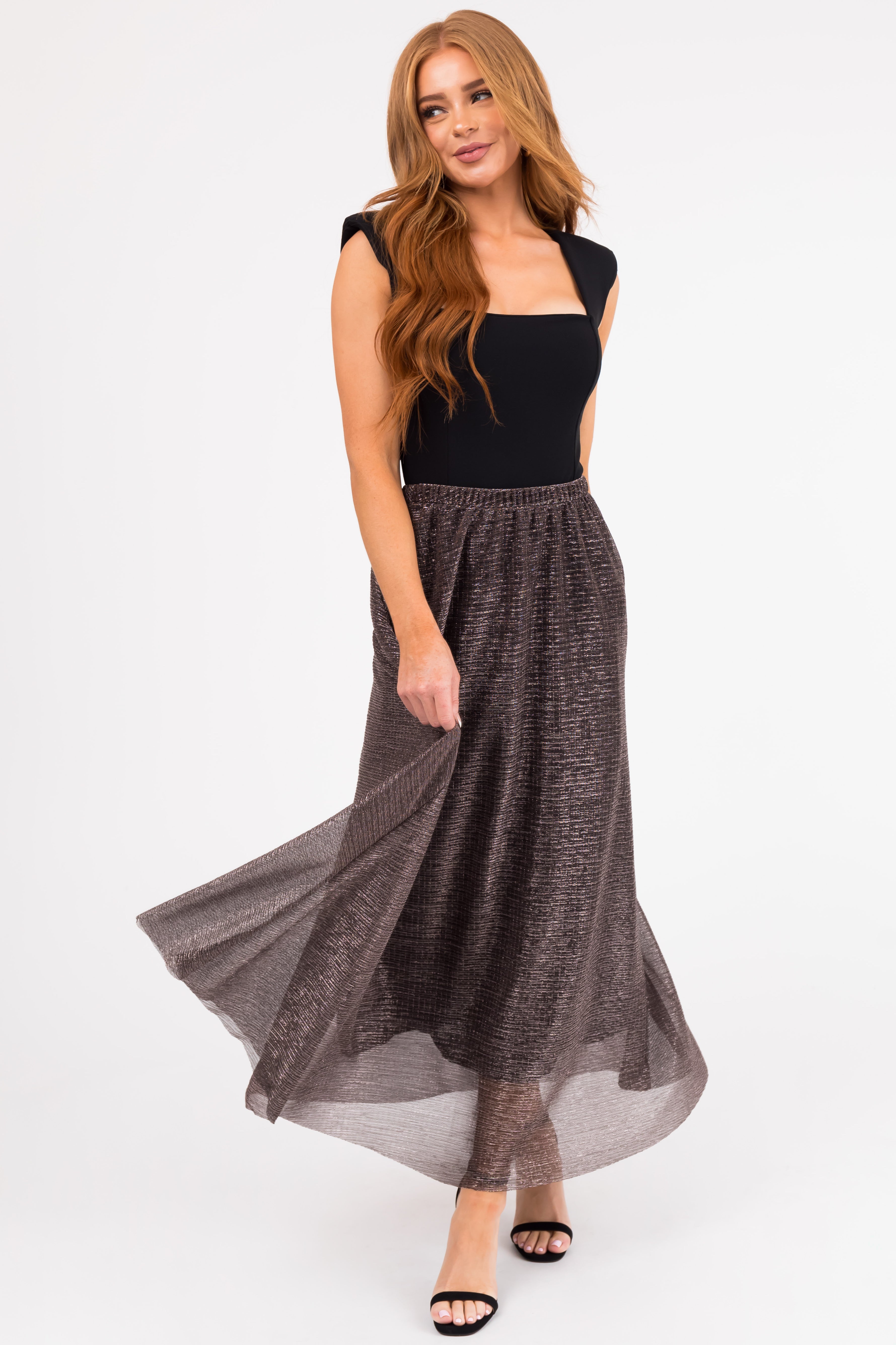 Black Shiny Metallic Elastic Waist Maxi Skirt-Newayad