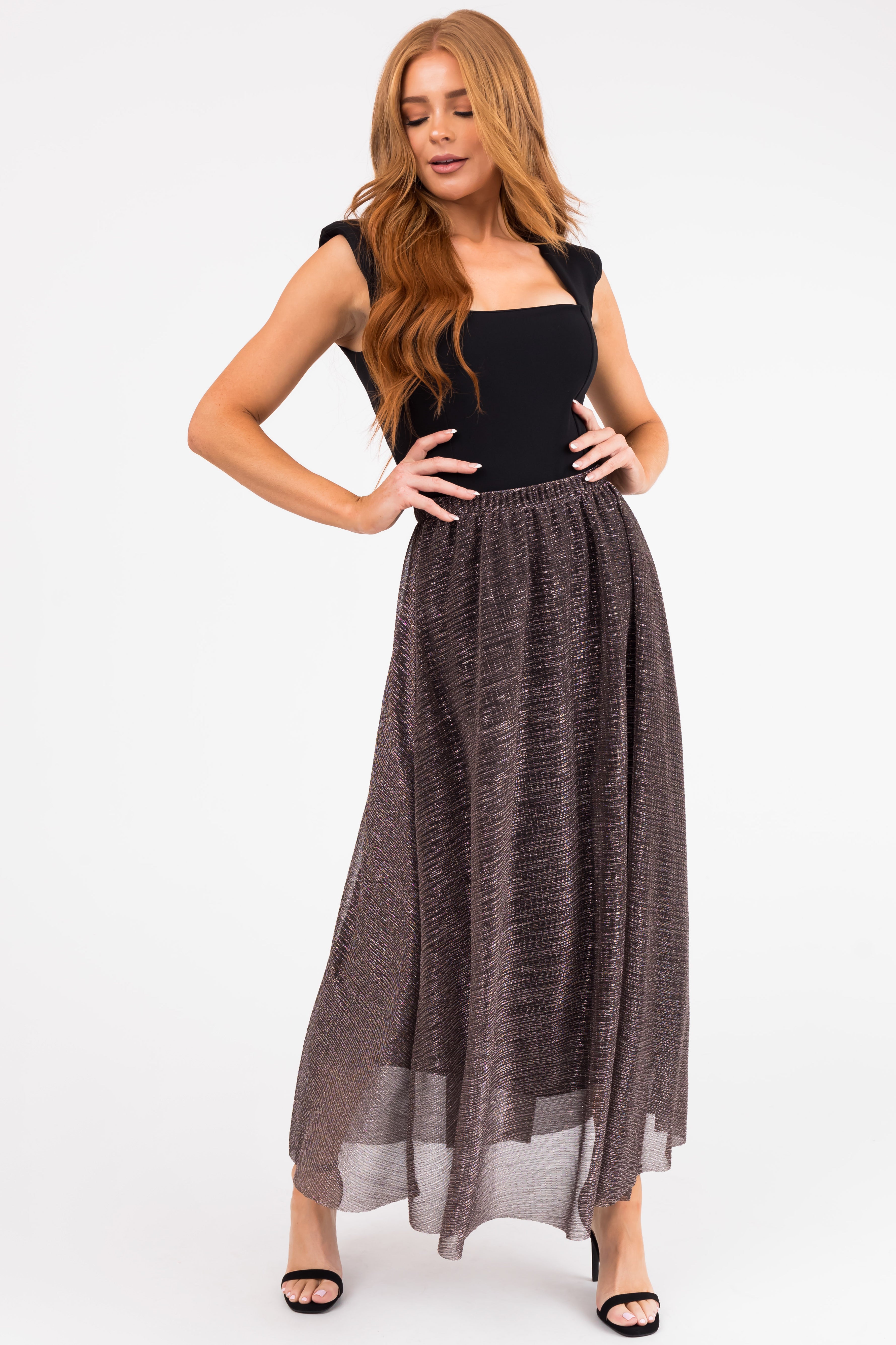 Black Shiny Metallic Elastic Waist Maxi Skirt-Newayad