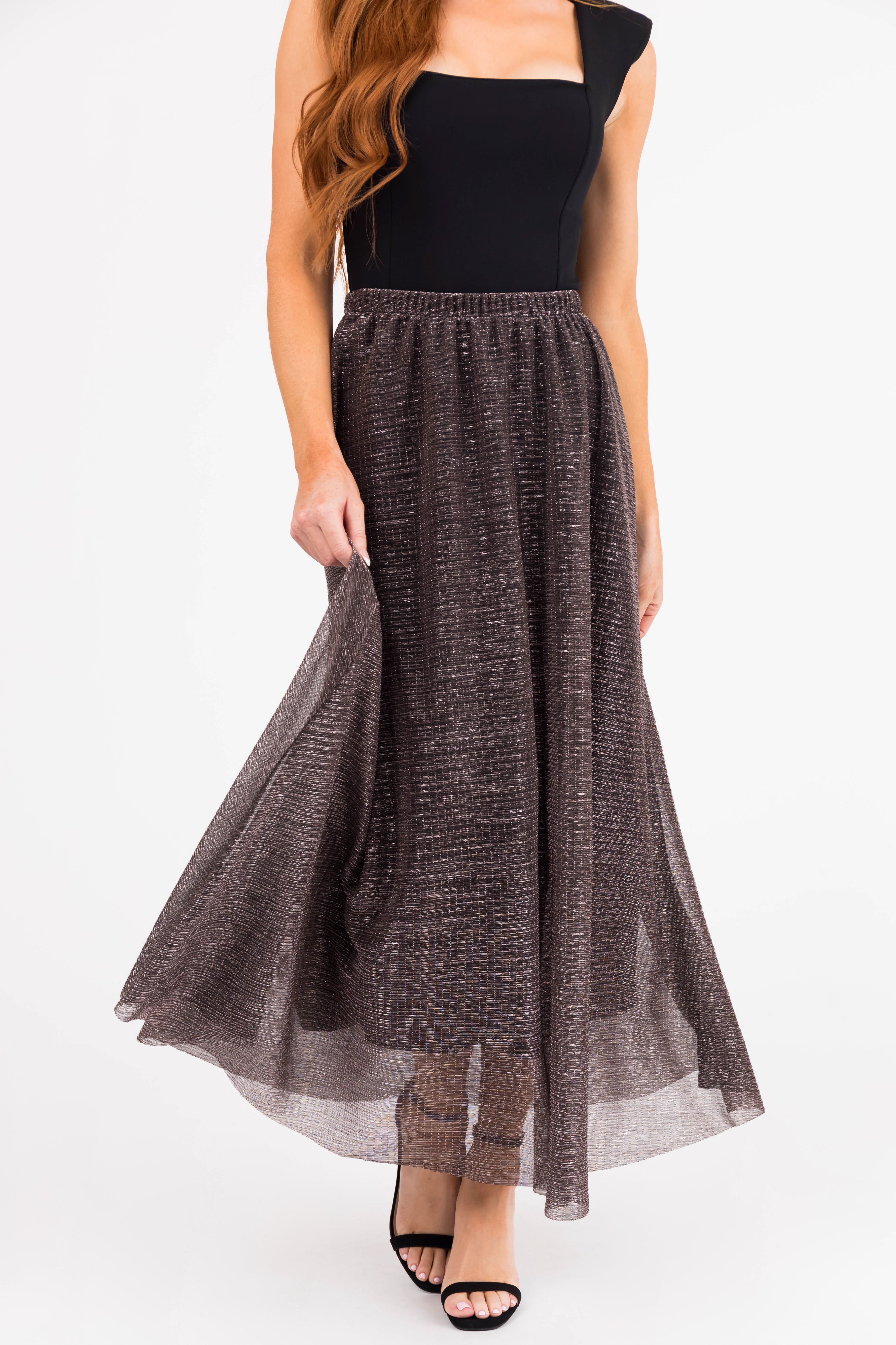 Black Shiny Metallic Elastic Waist Maxi Skirt-Newayad