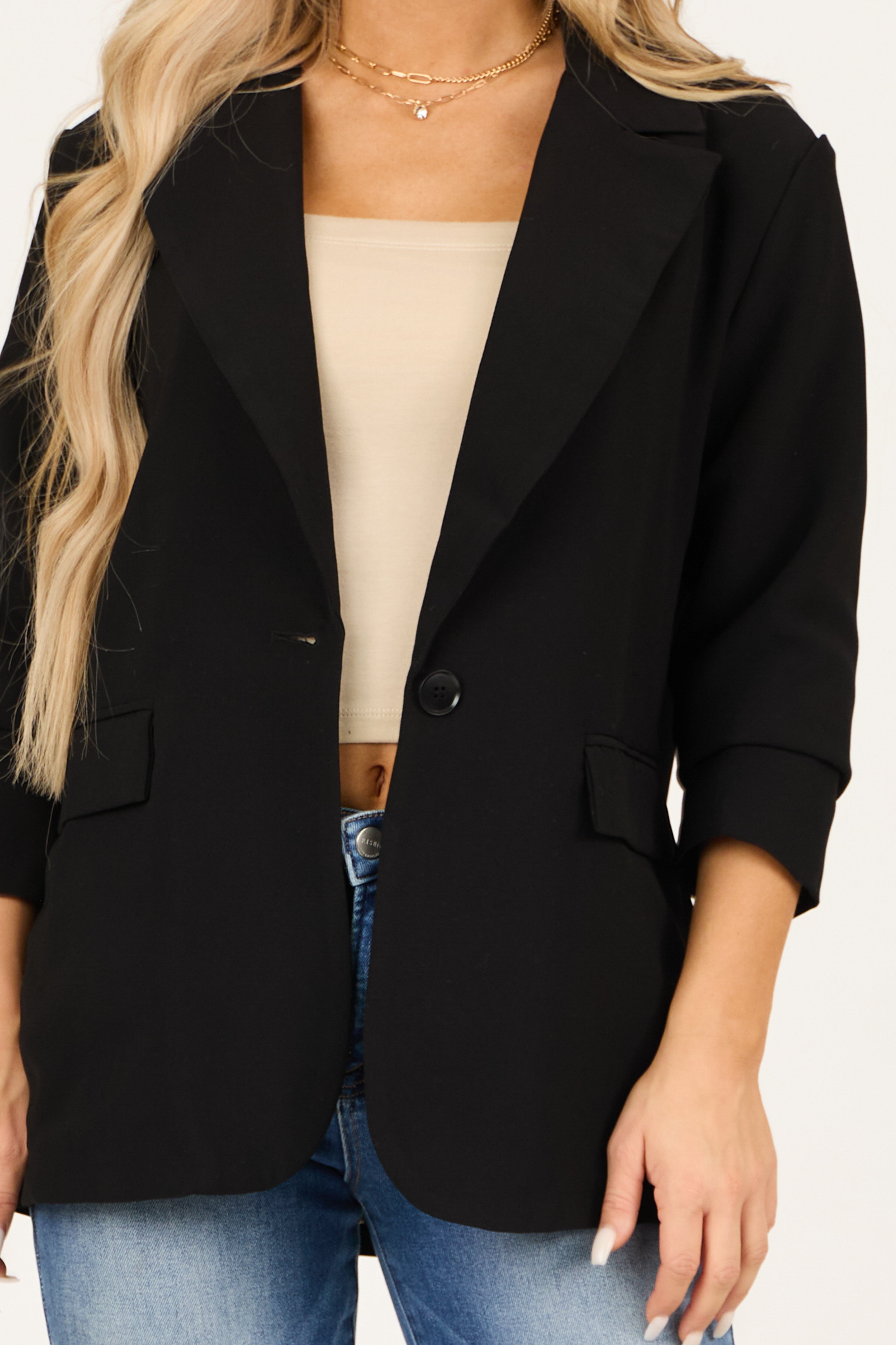 Black Single Button Long Sleeve Shoulder Pad Blazer-Newayad