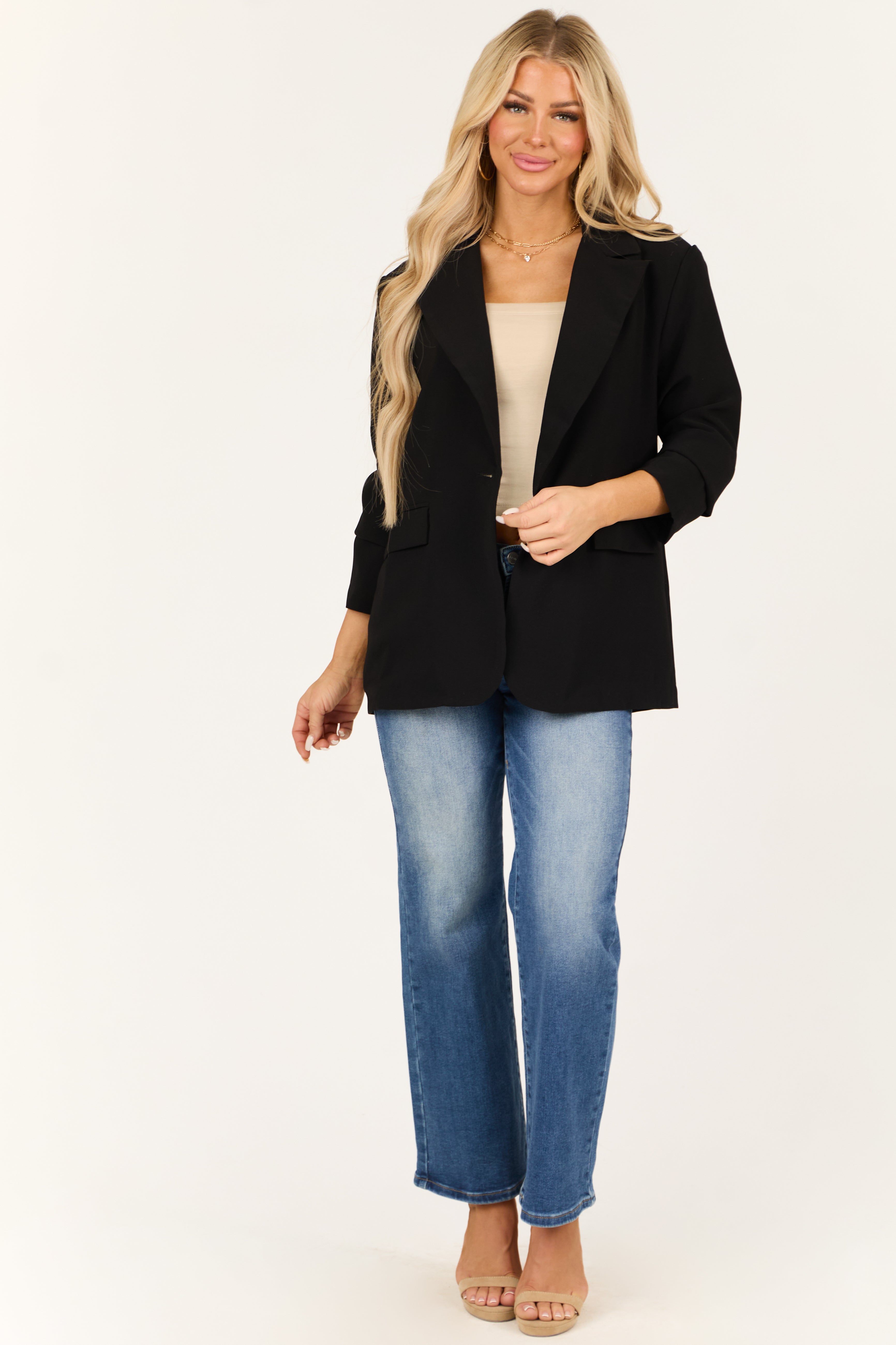 Black Single Button Long Sleeve Shoulder Pad Blazer-Newayad
