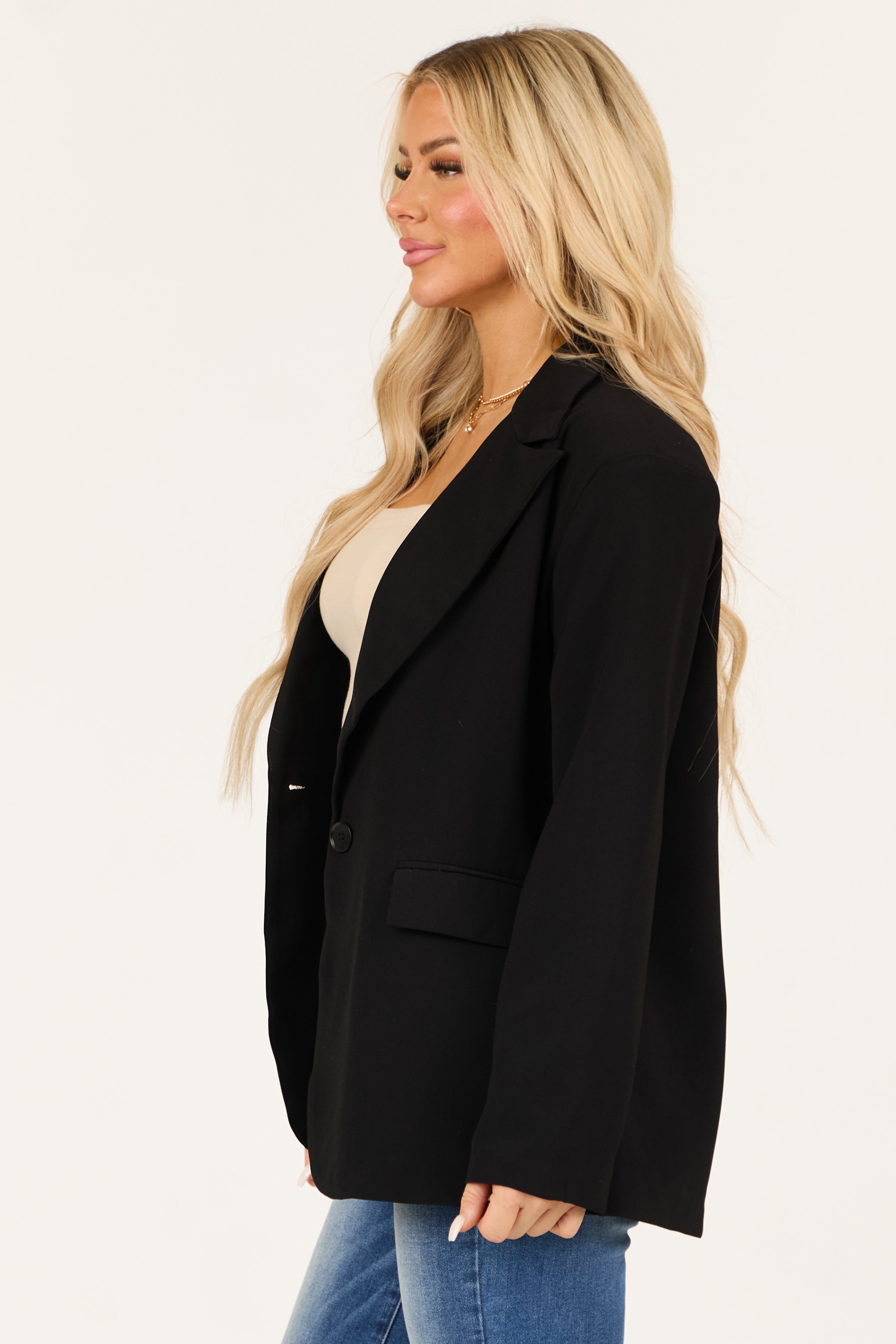 Black Single Button Long Sleeve Shoulder Pad Blazer-Newayad