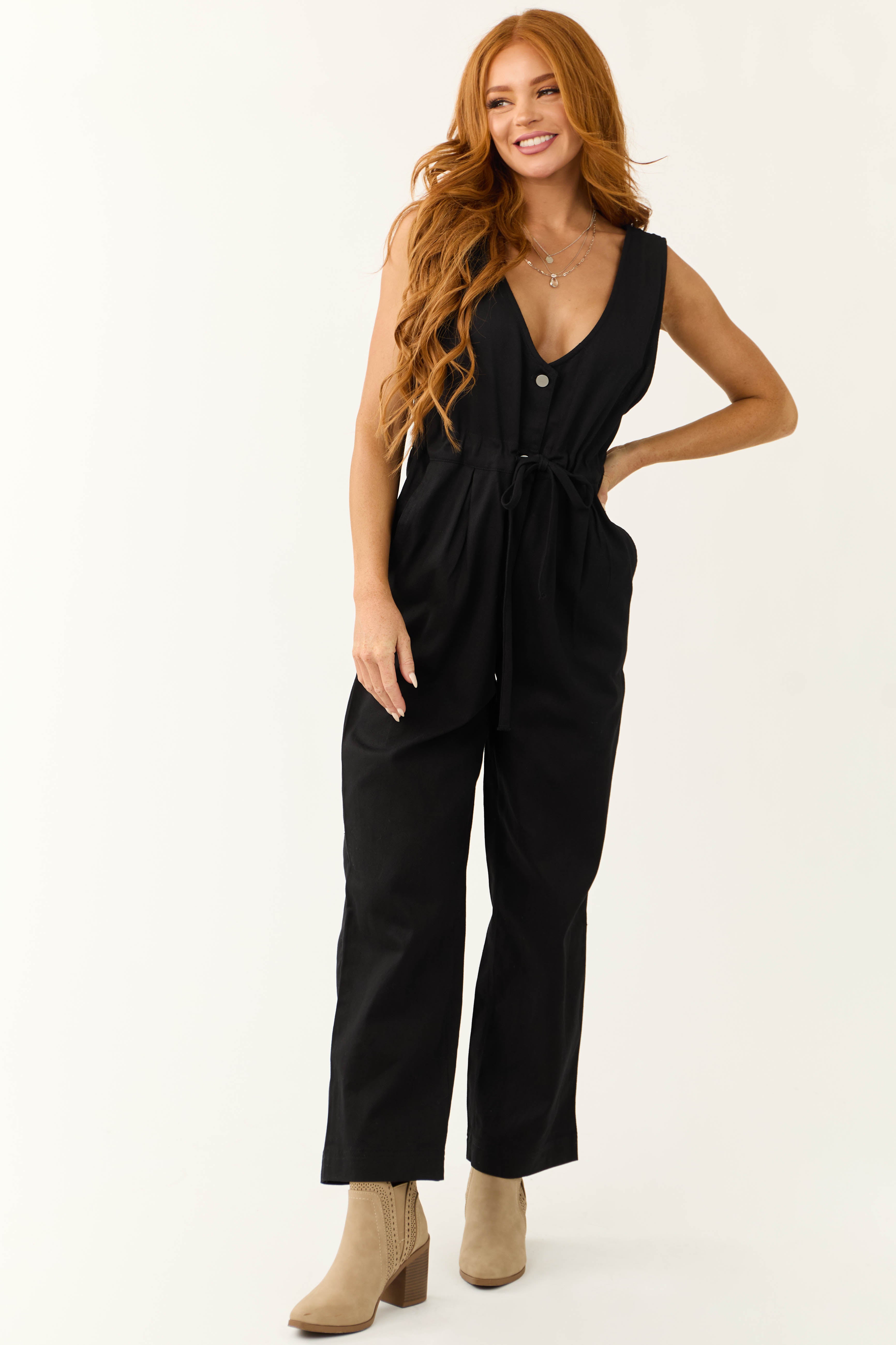 Black Sleeveless Deep V Neck Denim Jumpsuit-Newayad