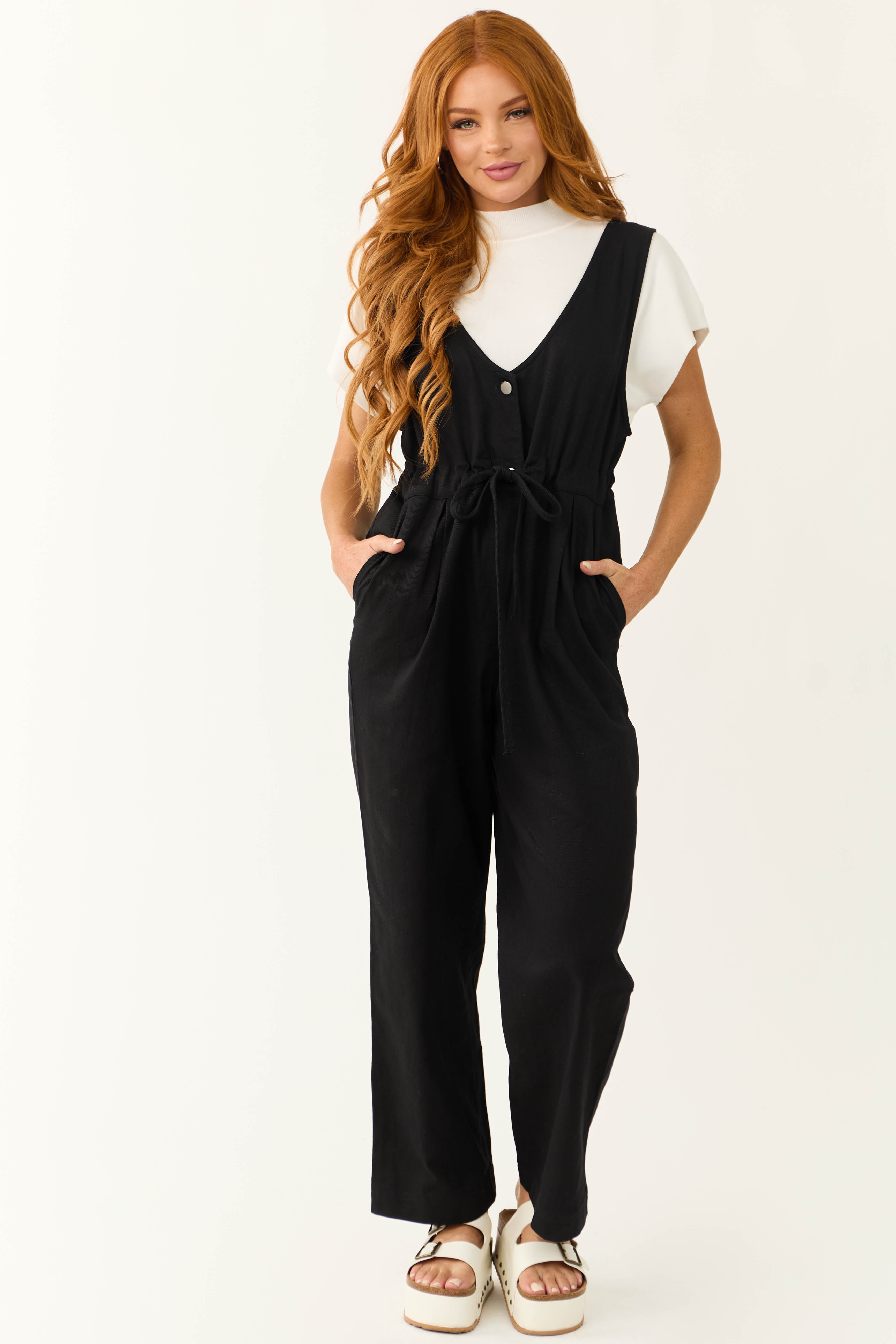 Black Sleeveless Deep V Neck Denim Jumpsuit-Newayad