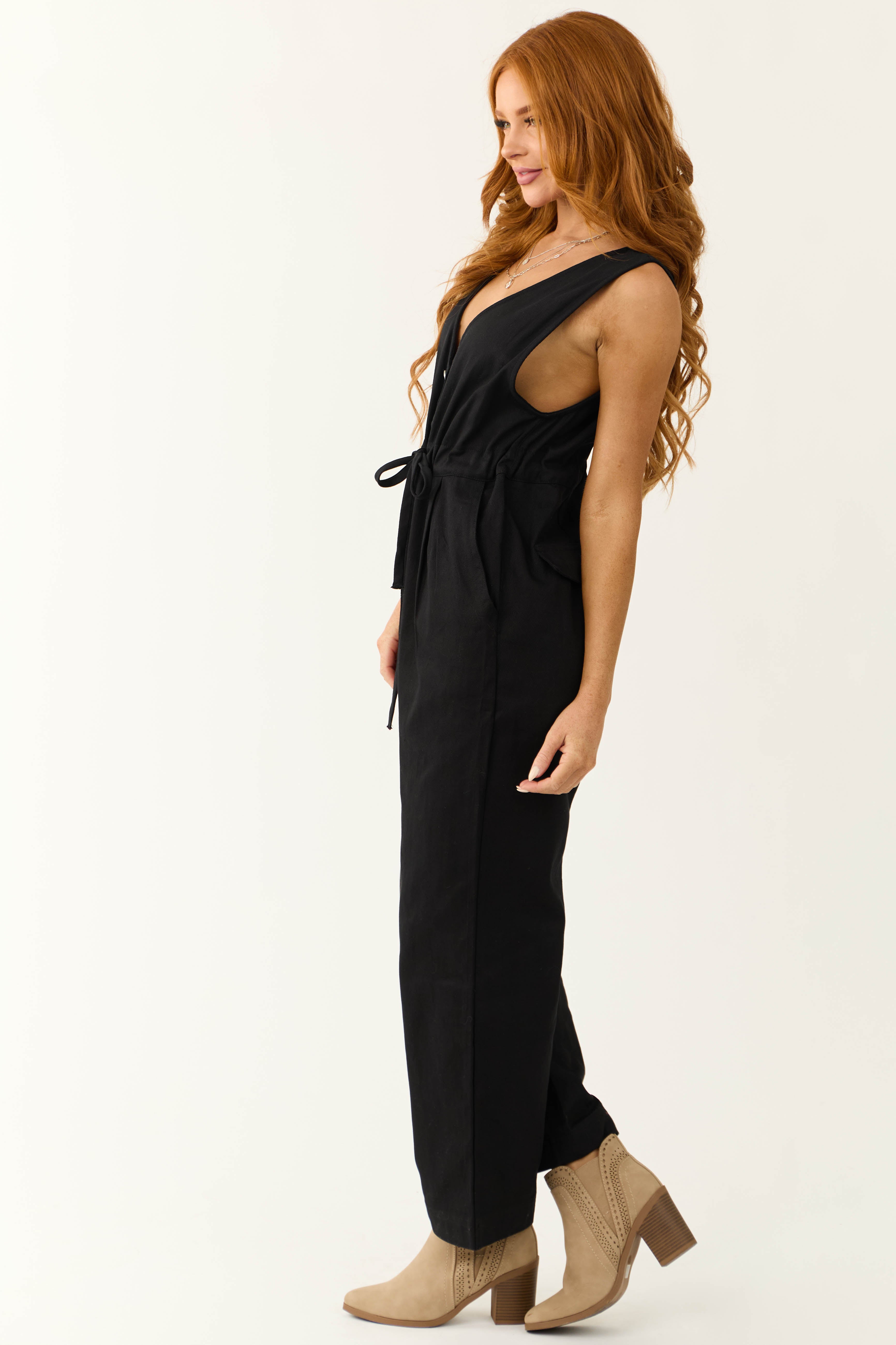 Black Sleeveless Deep V Neck Denim Jumpsuit-Newayad