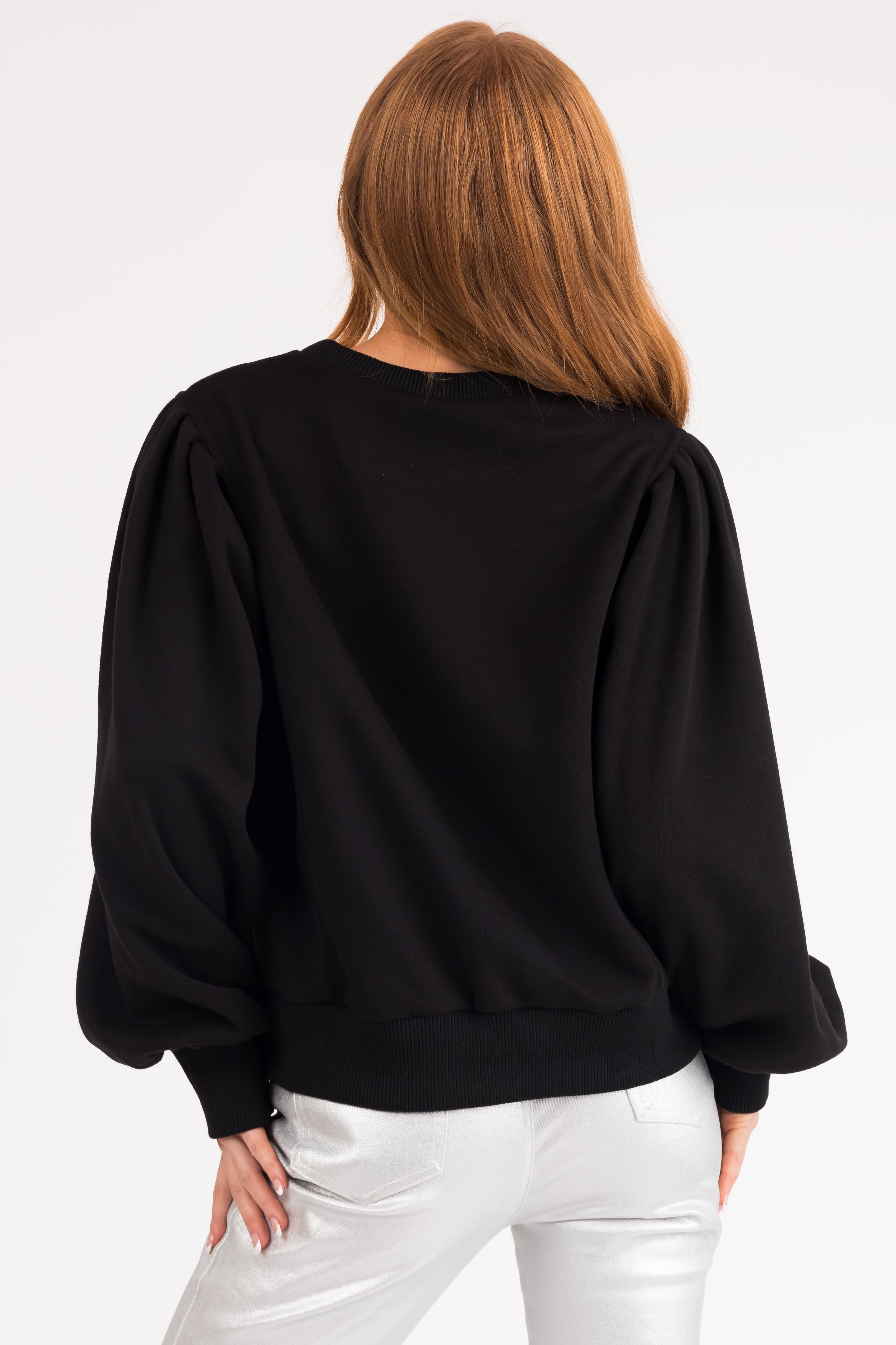 Black Soft Pullover with Balloon Sleeves-Newayad
