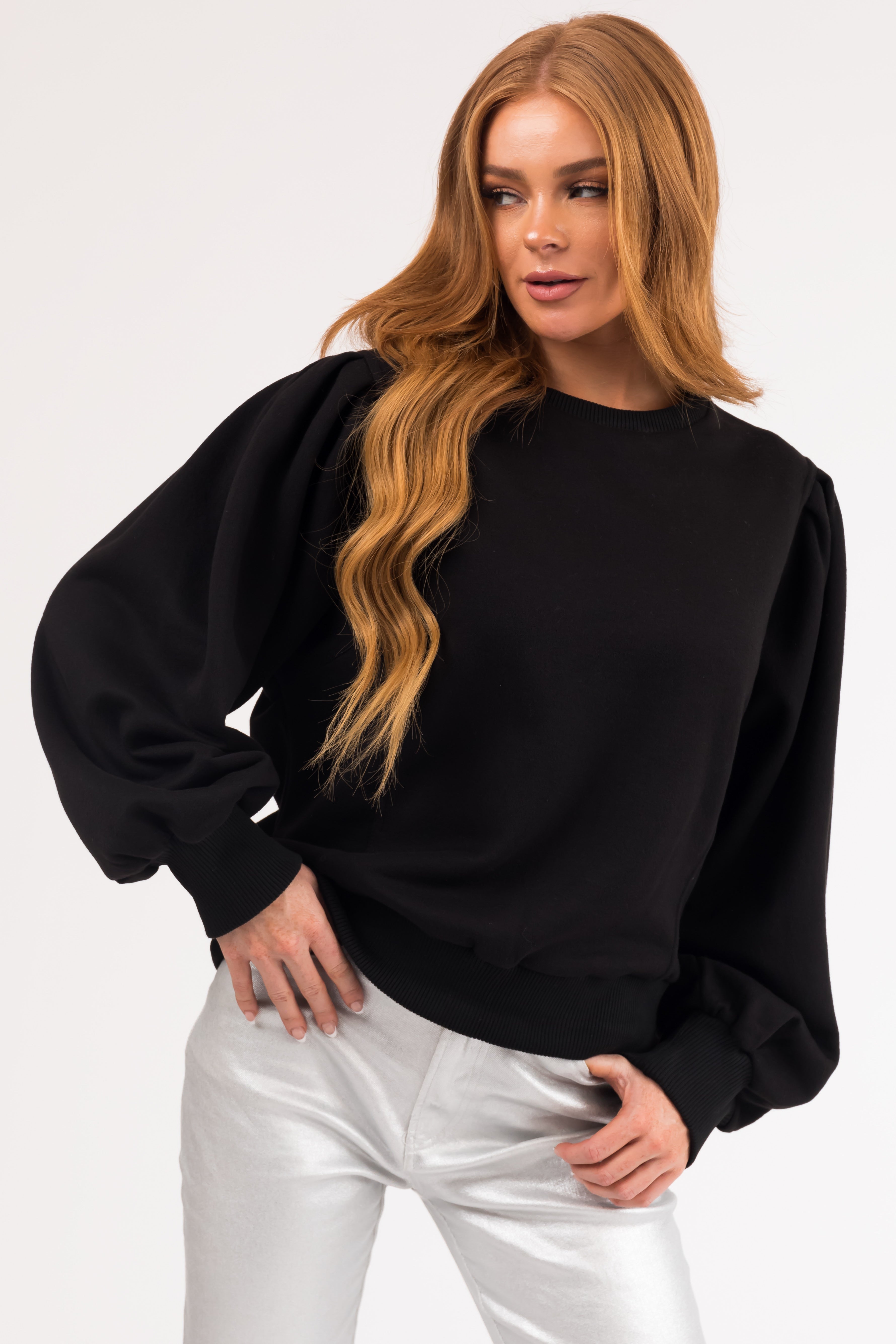 Black Soft Pullover with Balloon Sleeves-Newayad