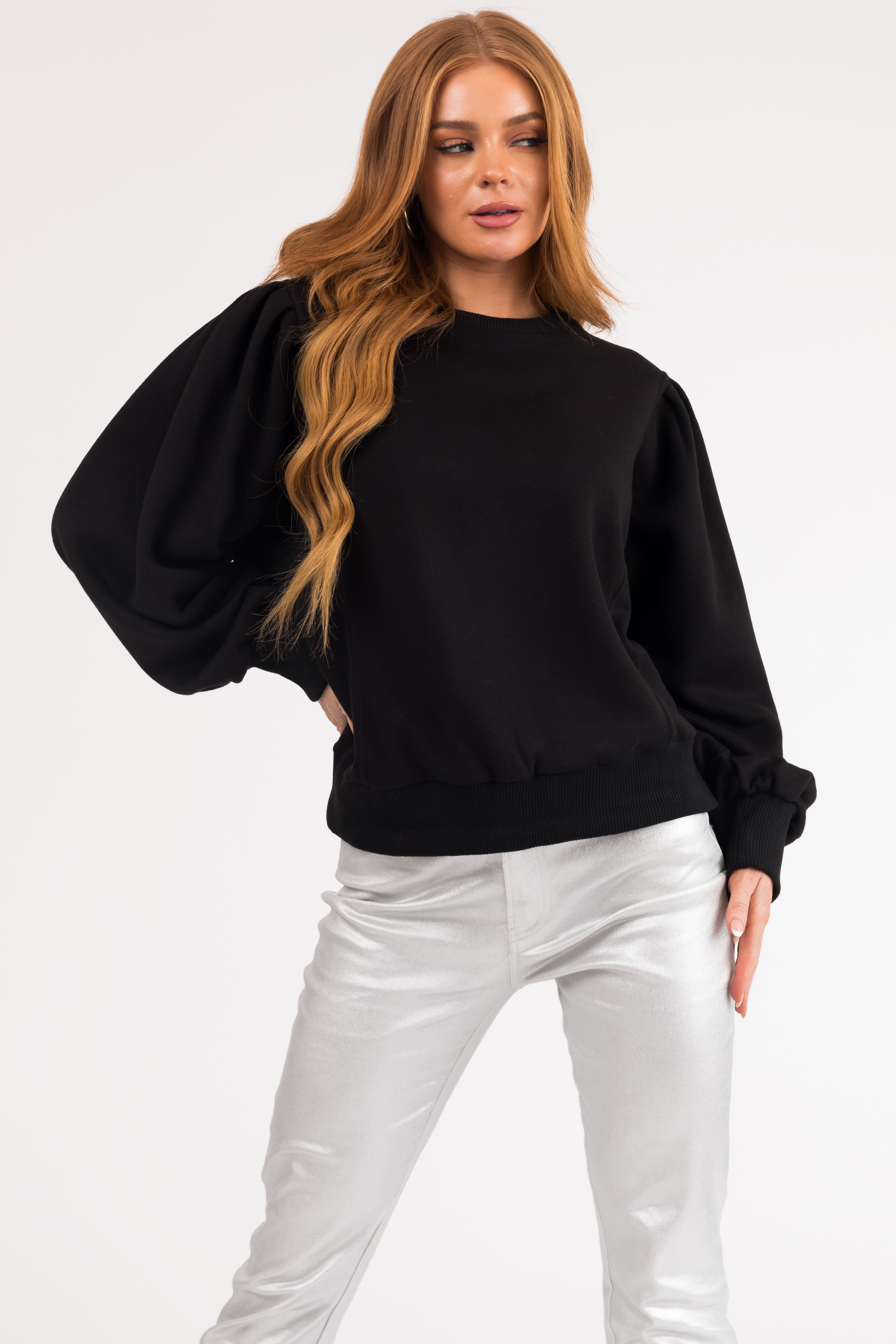 Black Soft Pullover with Balloon Sleeves-Newayad