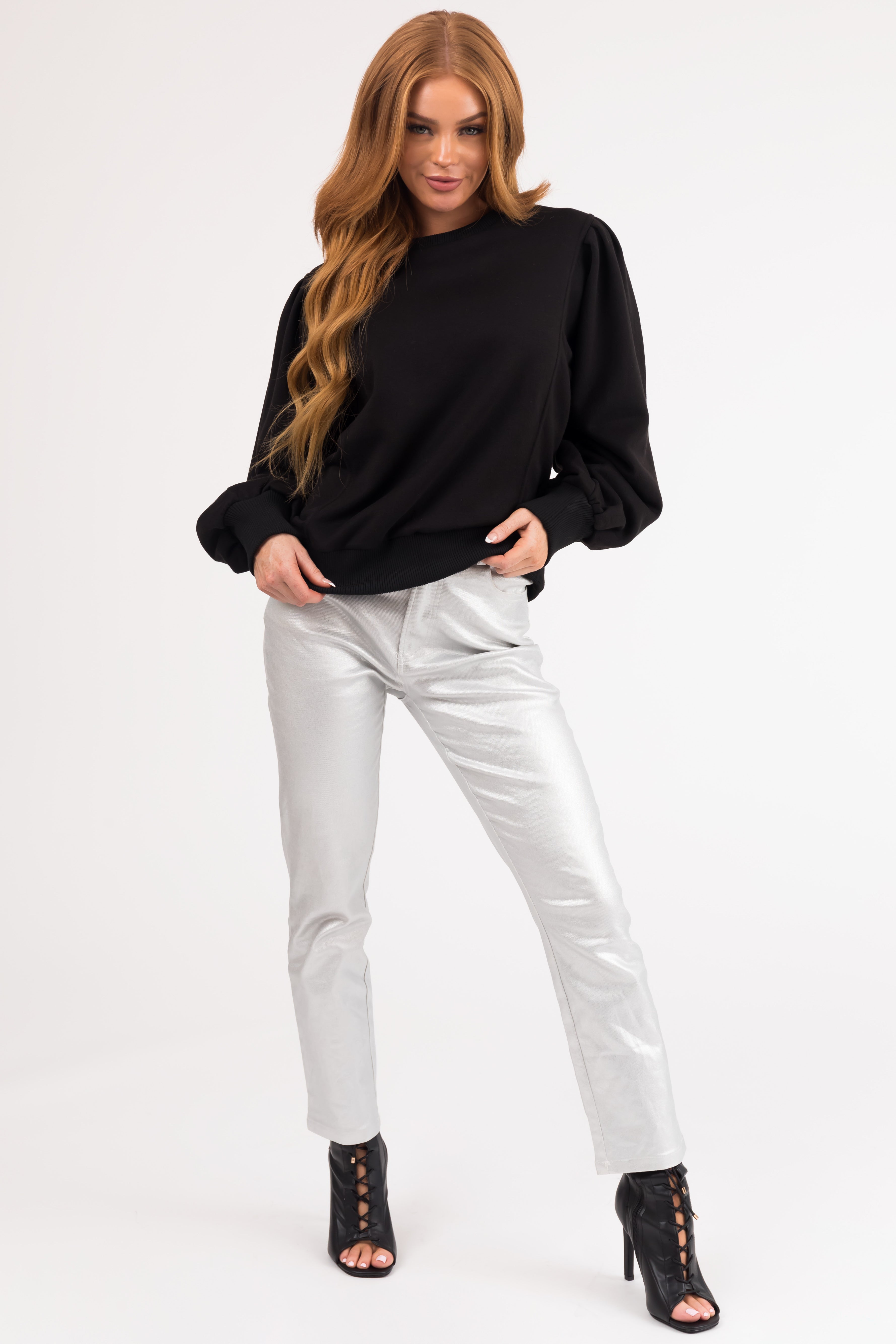 Black Soft Pullover with Balloon Sleeves-Newayad