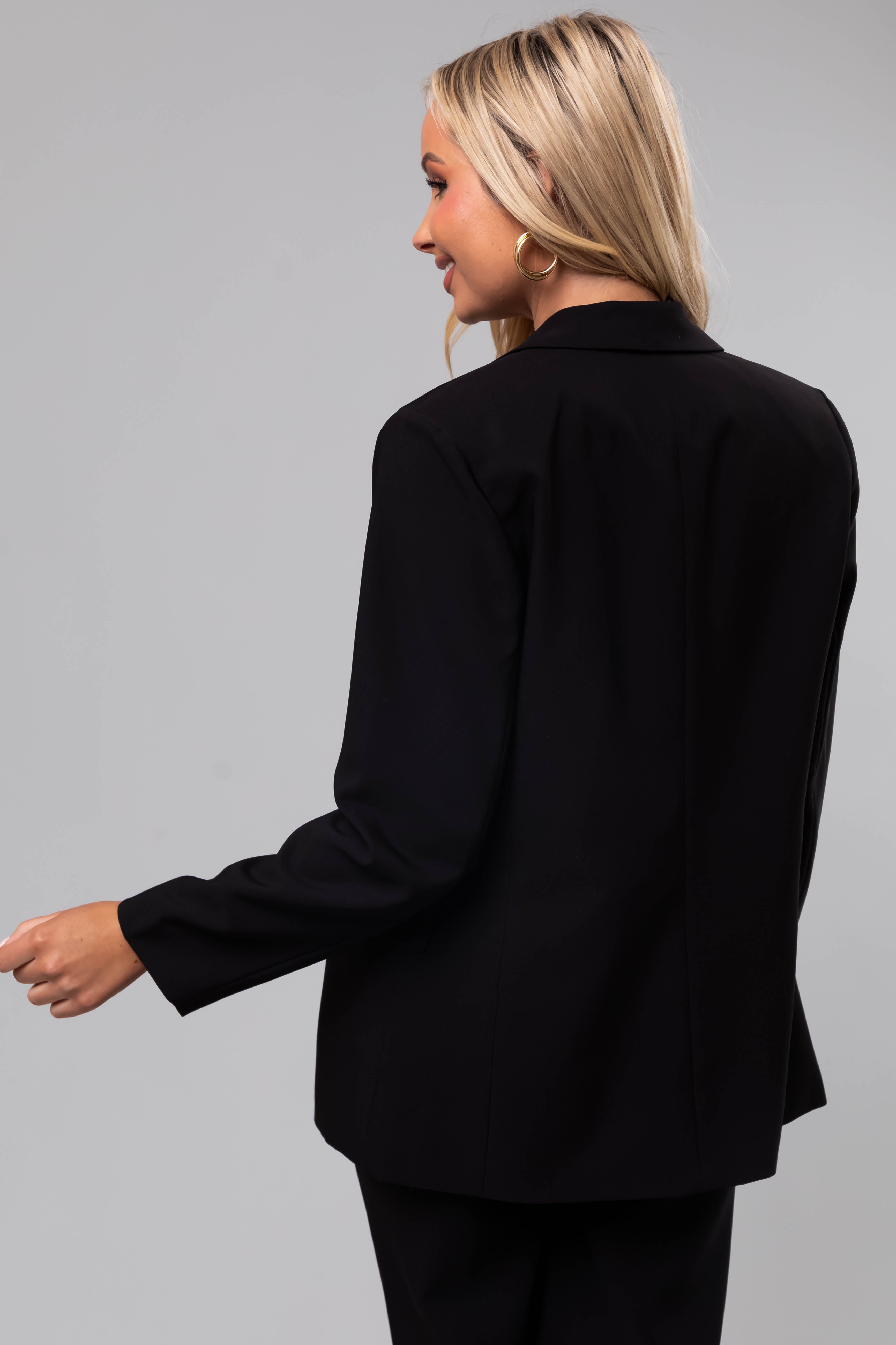 Black Solid Double Button Long Blazer-Newayad
