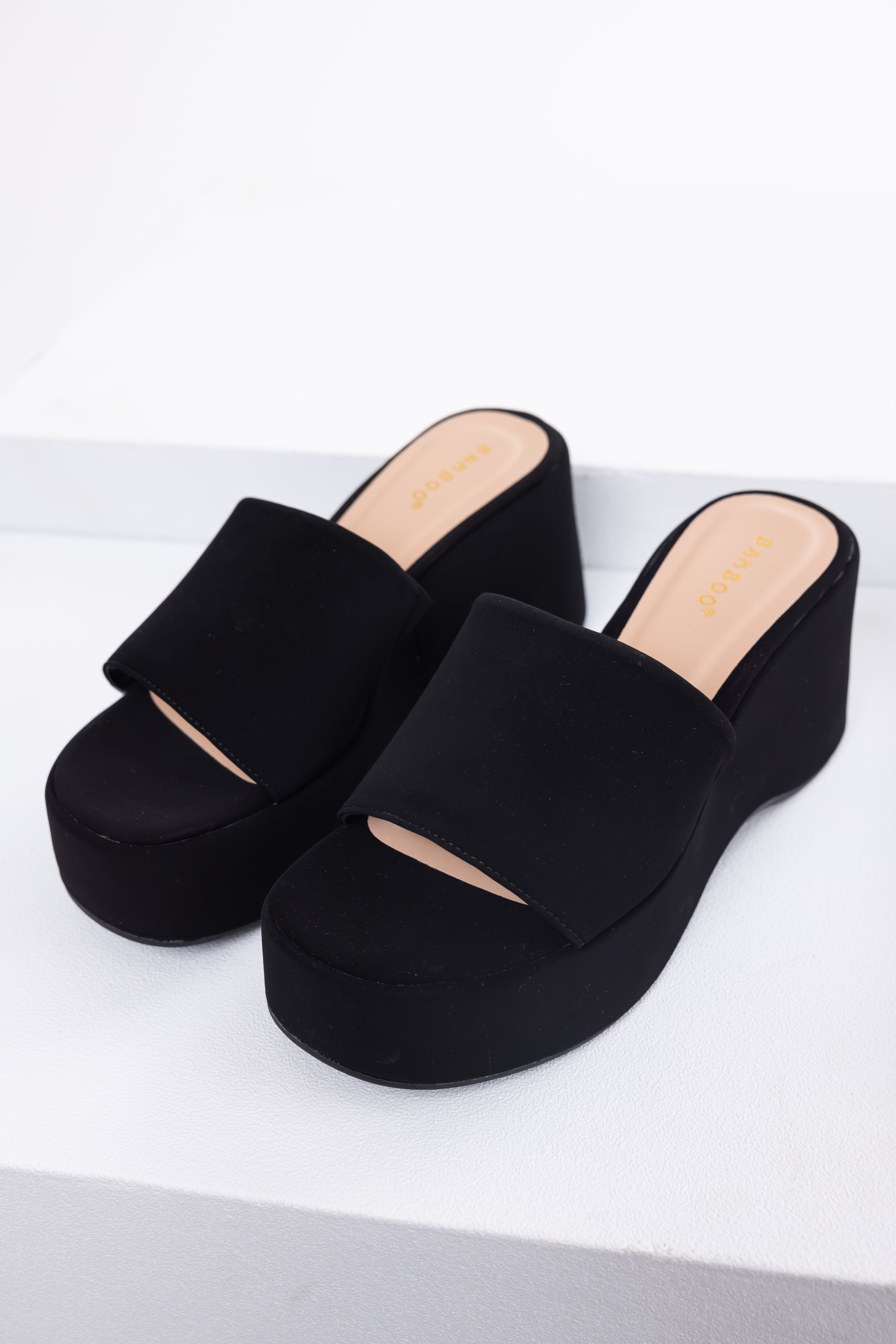 Black Soft Suede Platform Wedge Sandals-Newayad