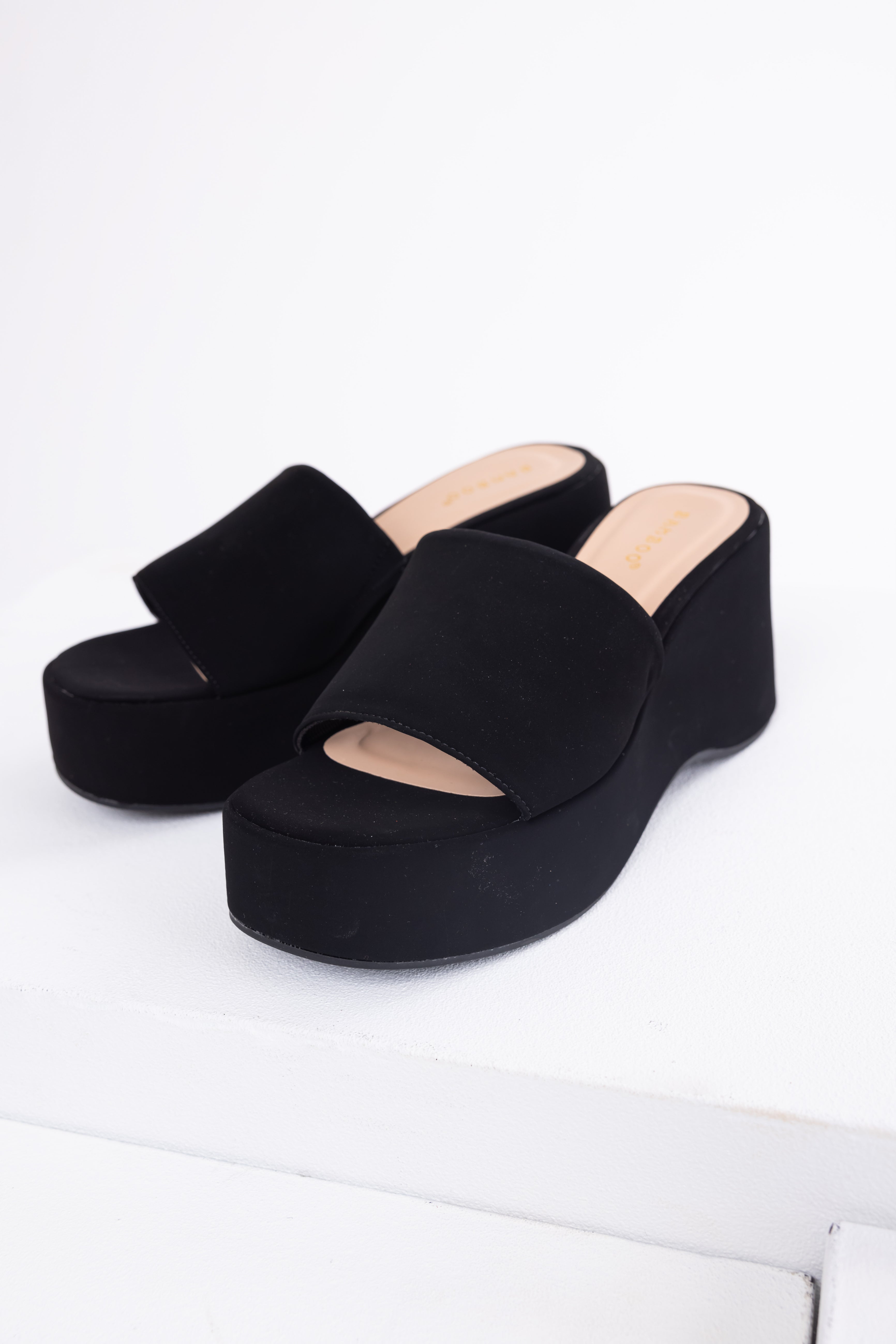 Black Soft Suede Platform Wedge Sandals-Newayad