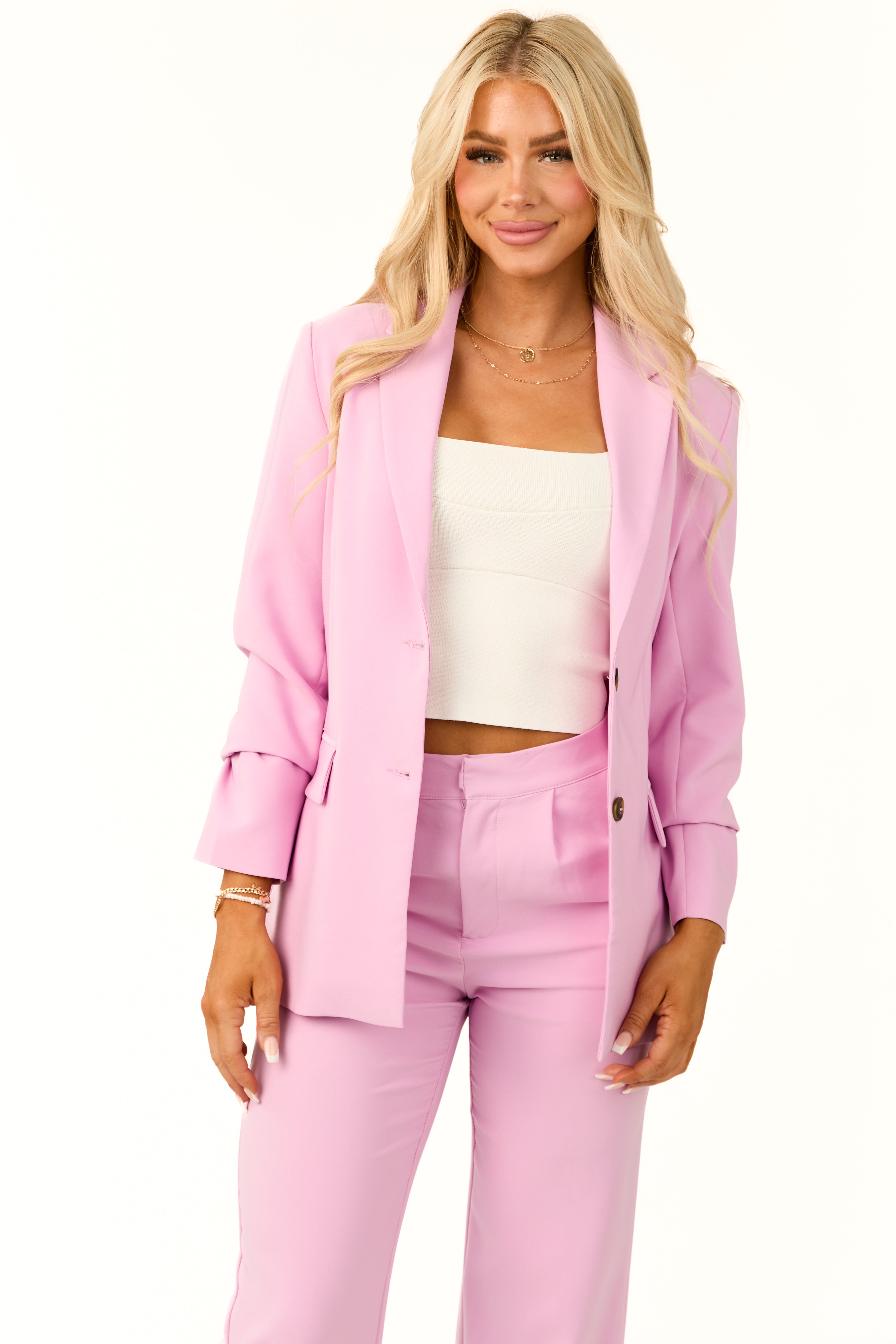 Bubblegum Solid Double Button Long Blazer-Newayad