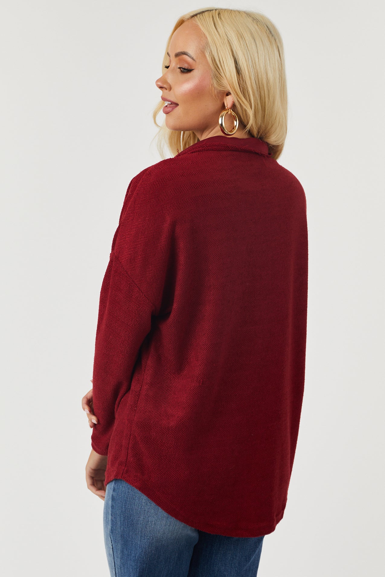 Burgundy French Terry Relaxed Shirt Jacket-Newayad