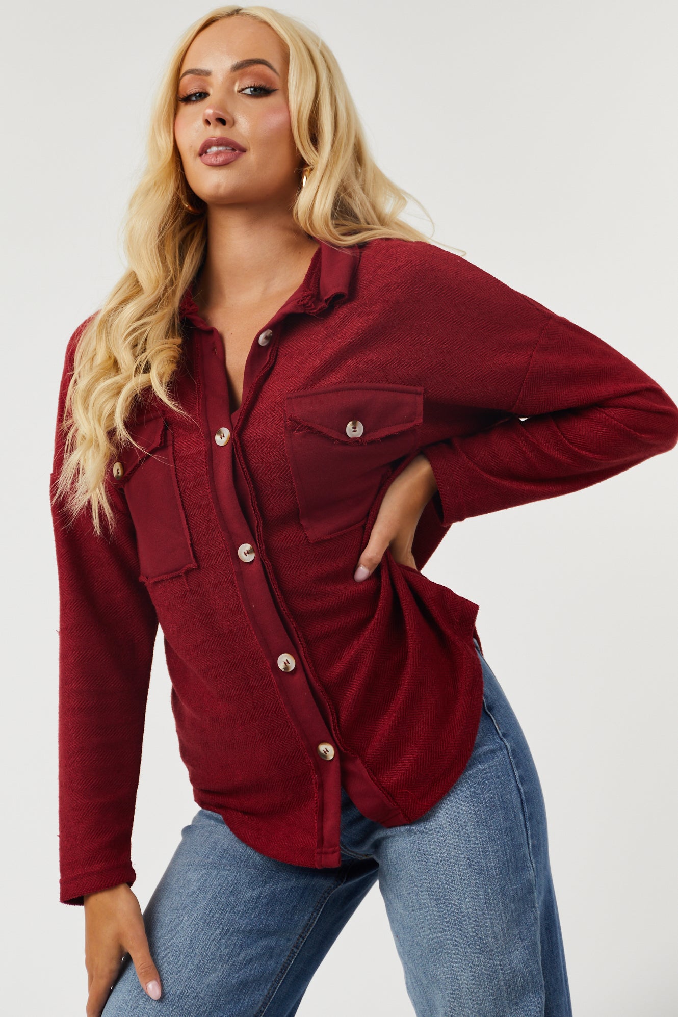 Burgundy French Terry Relaxed Shirt Jacket-Newayad