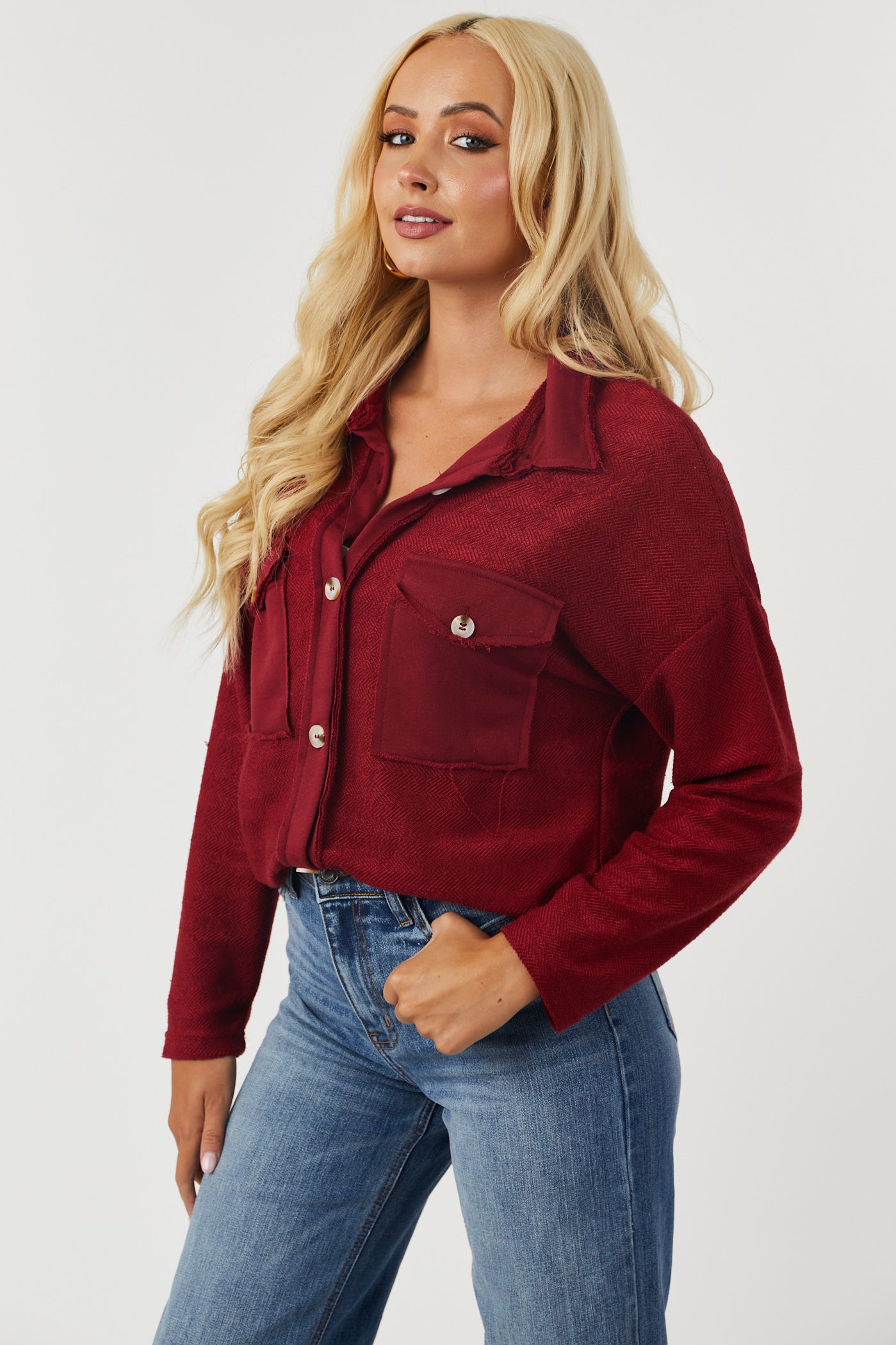 Burgundy French Terry Relaxed Shirt Jacket-Newayad