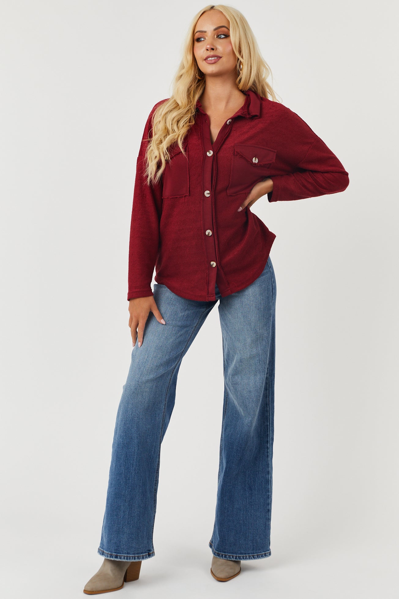 Burgundy French Terry Relaxed Shirt Jacket-Newayad