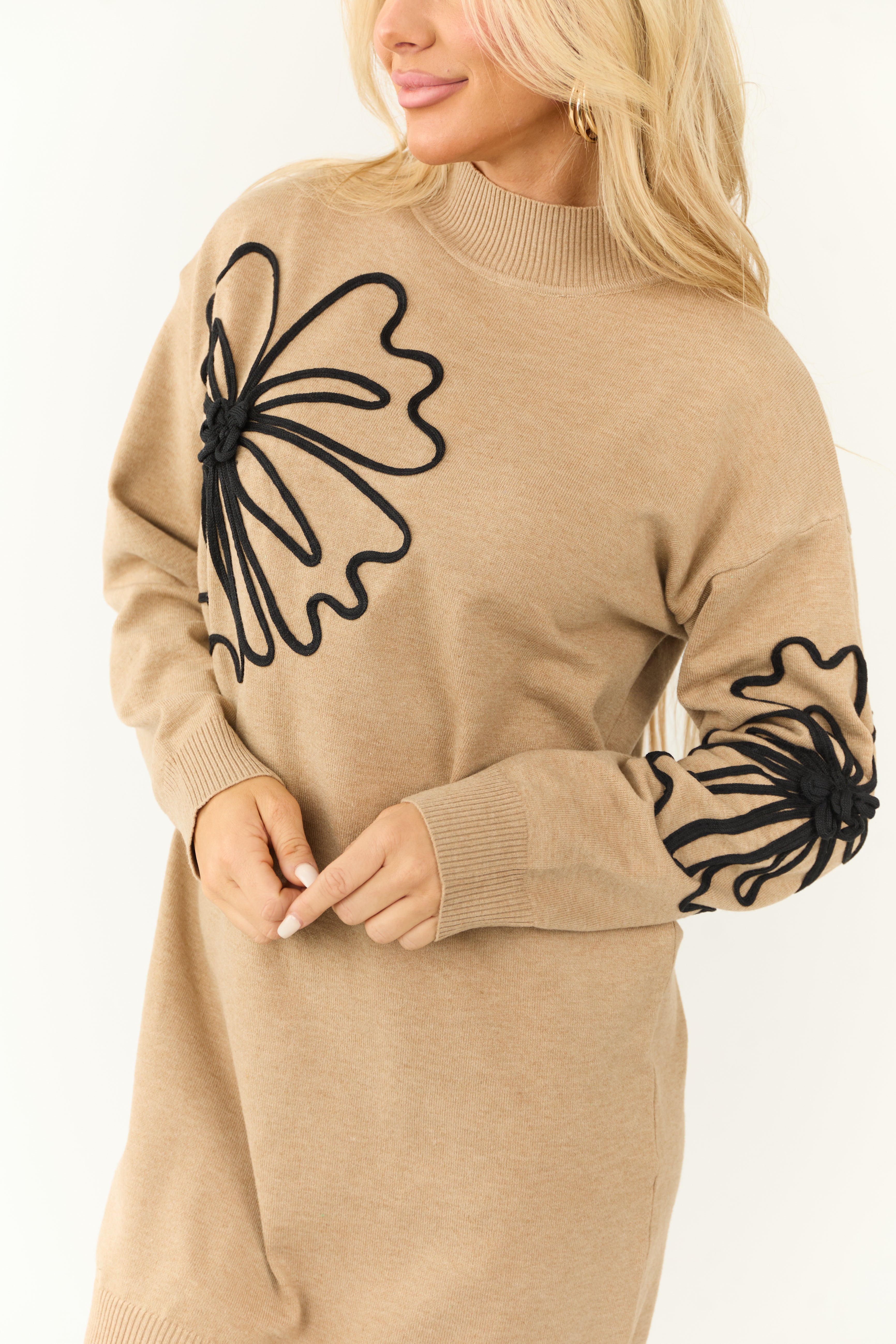 Camel Flower Embroidered Sweater Mini Dress-Newayad