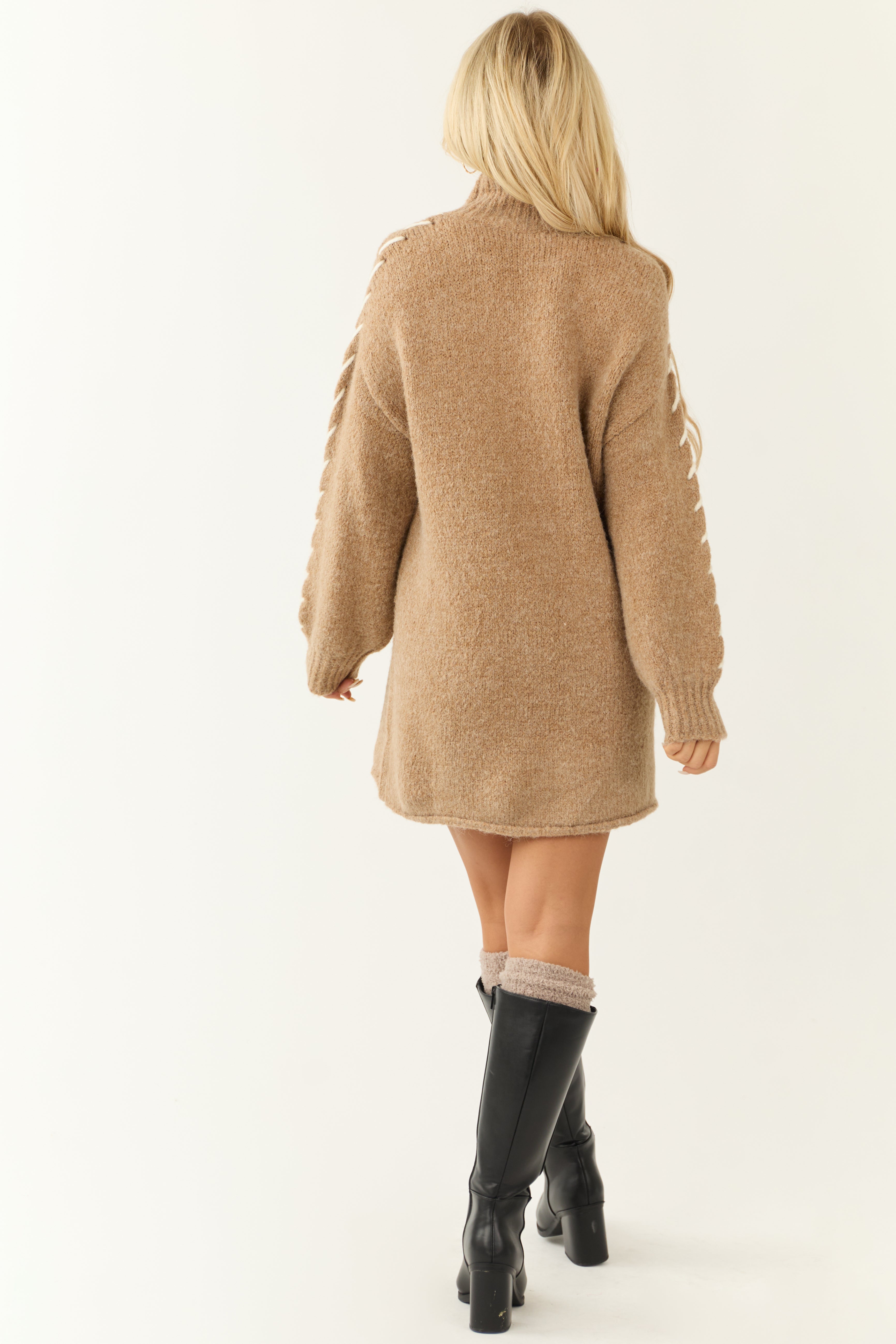 Camel Stitch Detail Mock Neck Sweater Dress-Newayad