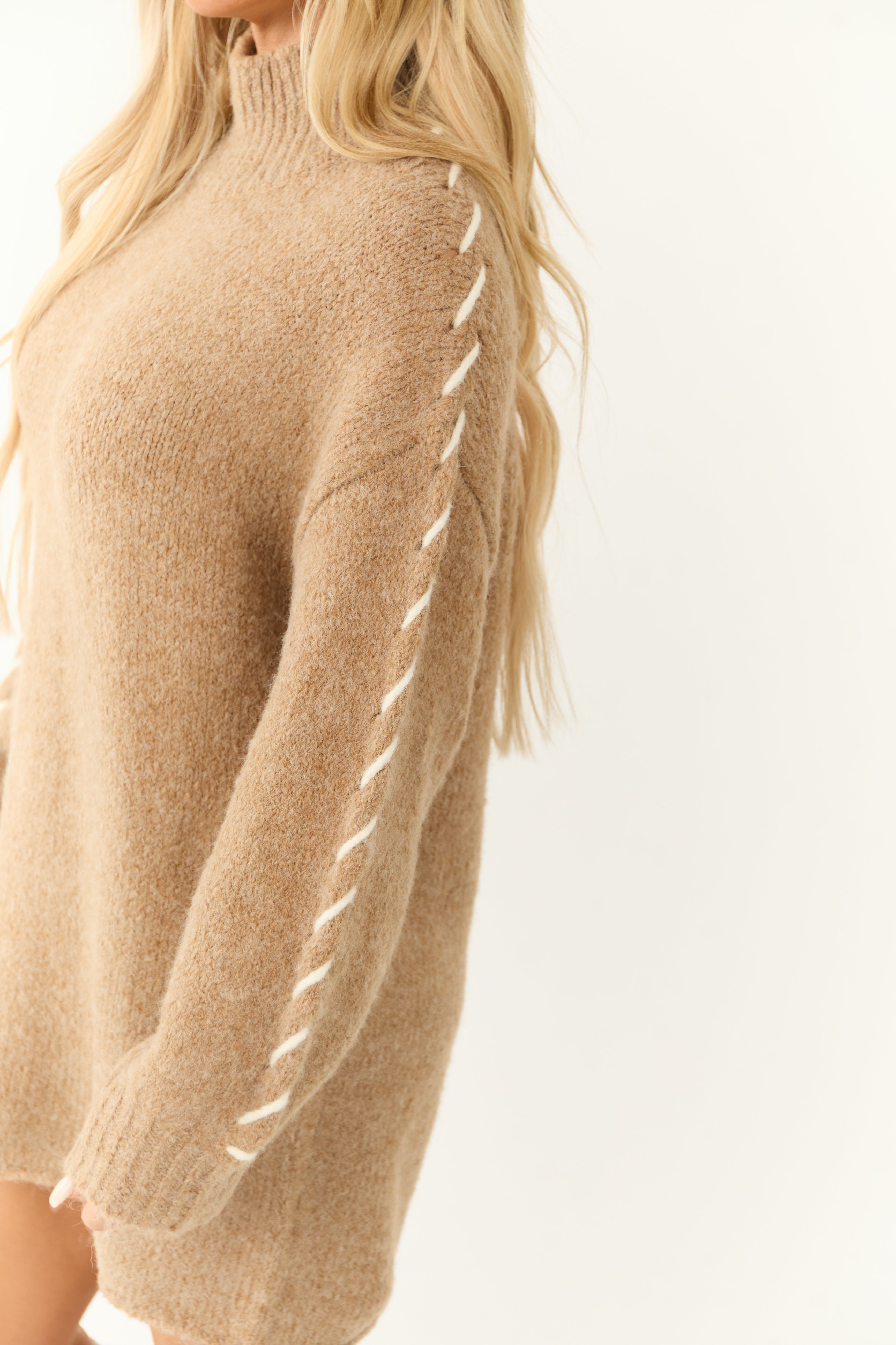 Camel Stitch Detail Mock Neck Sweater Dress-Newayad