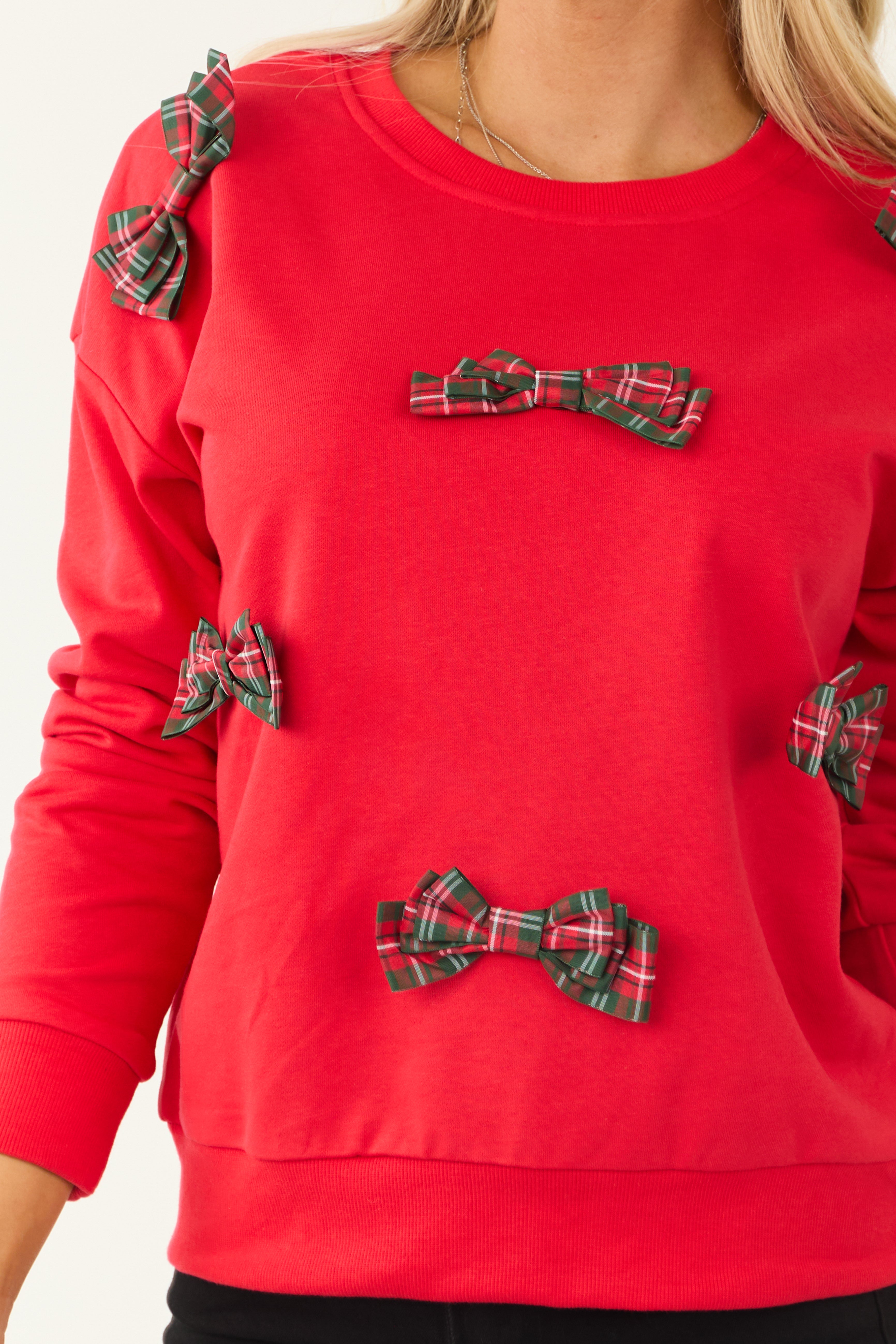 Candy Apple Plaid Bow Long Sleeve Sweatshirt-Newayad