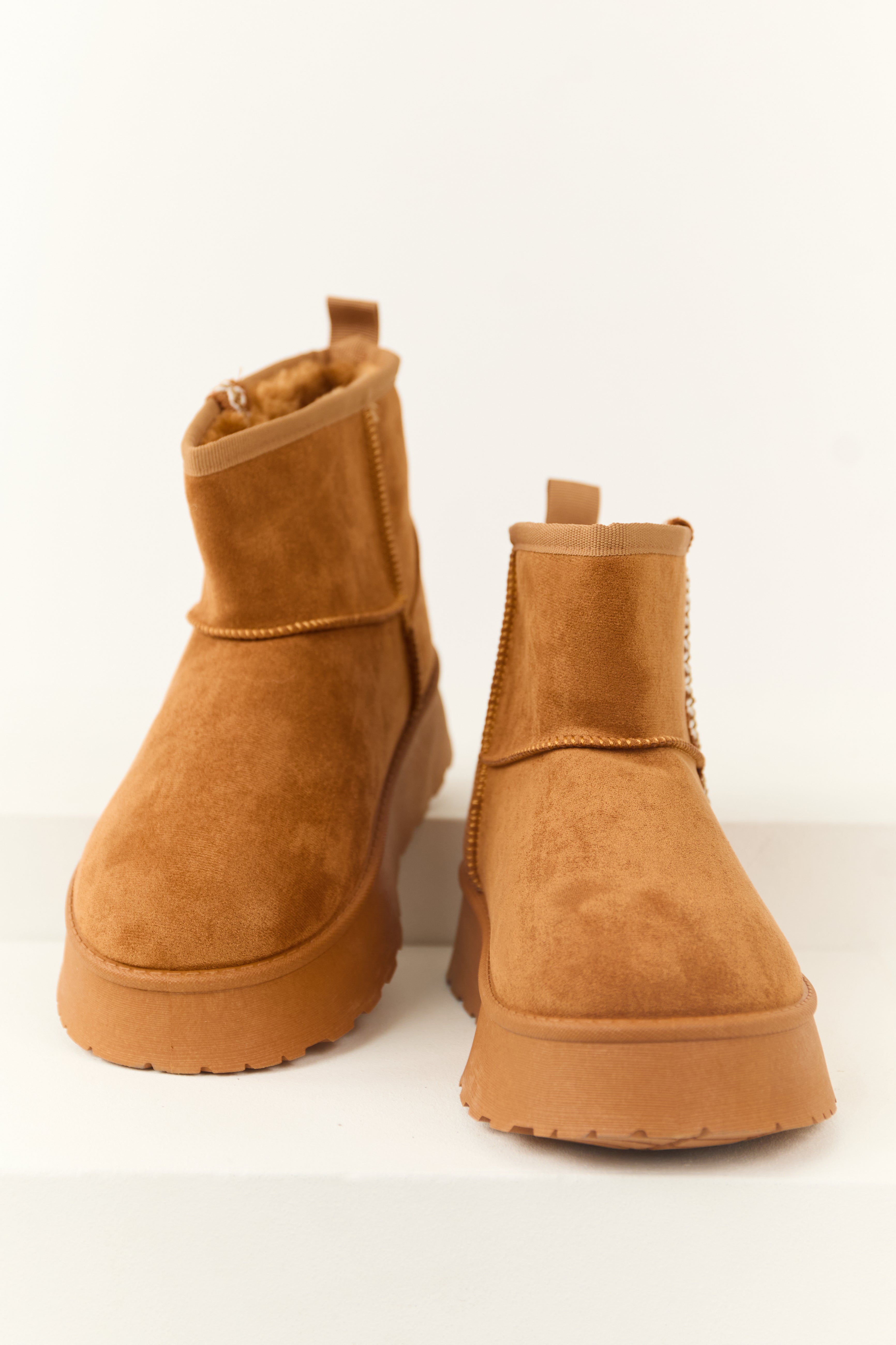 Caramel Suede Slip On Platform Bootie-Newayad