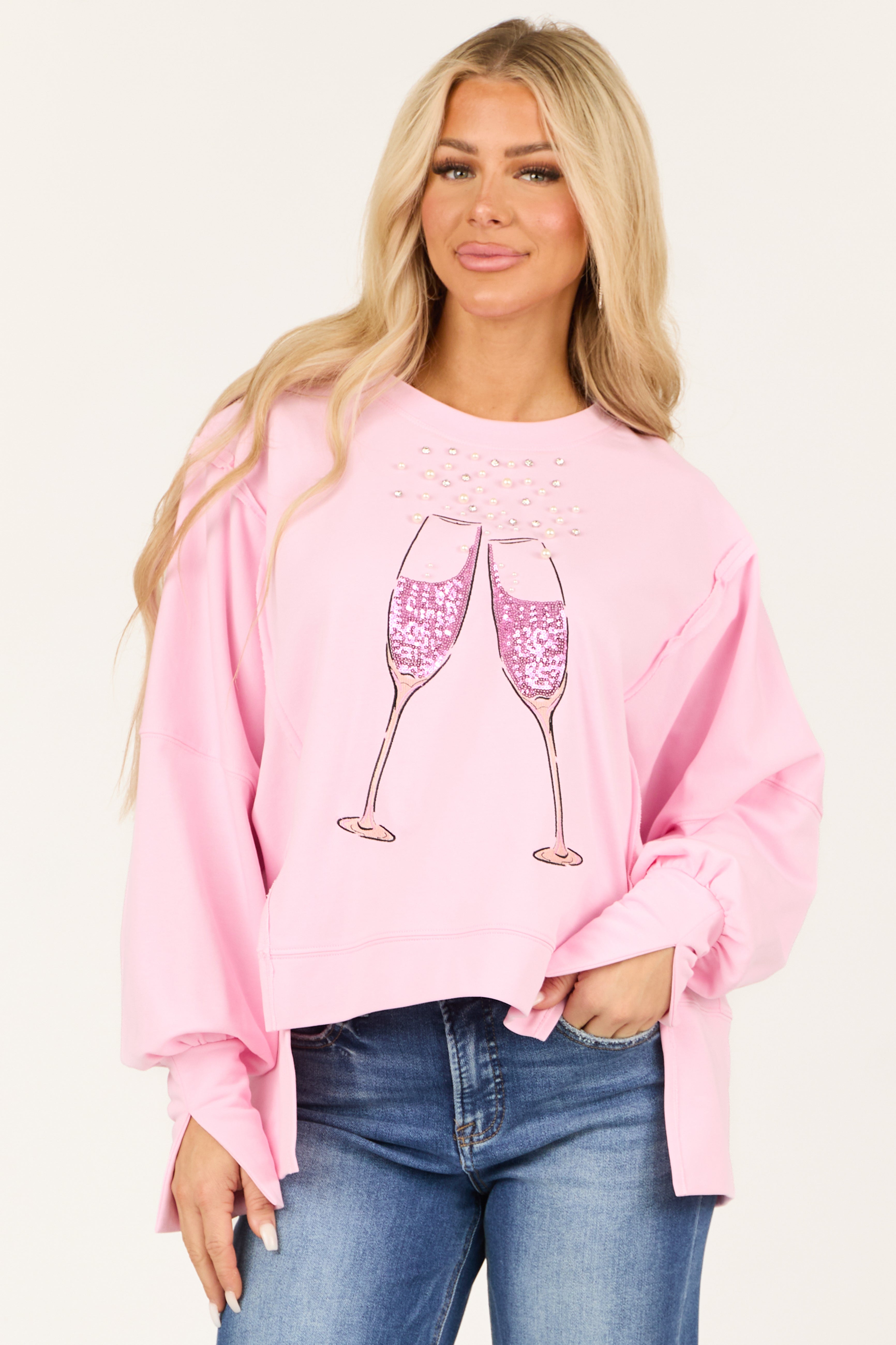 Carnation Champagne Glass Embellished Sweatshirt-Newayad