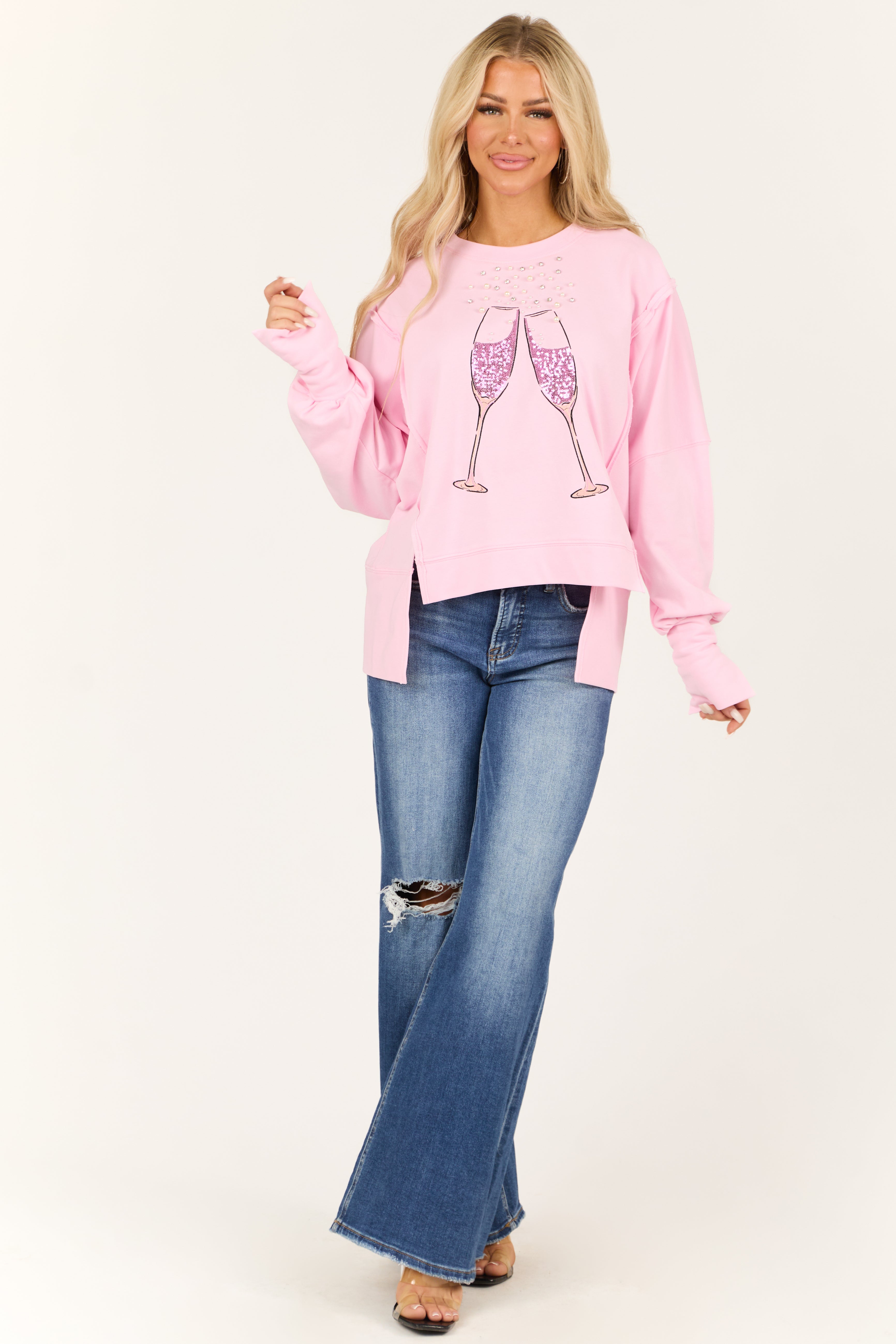 Carnation Champagne Glass Embellished Sweatshirt-Newayad