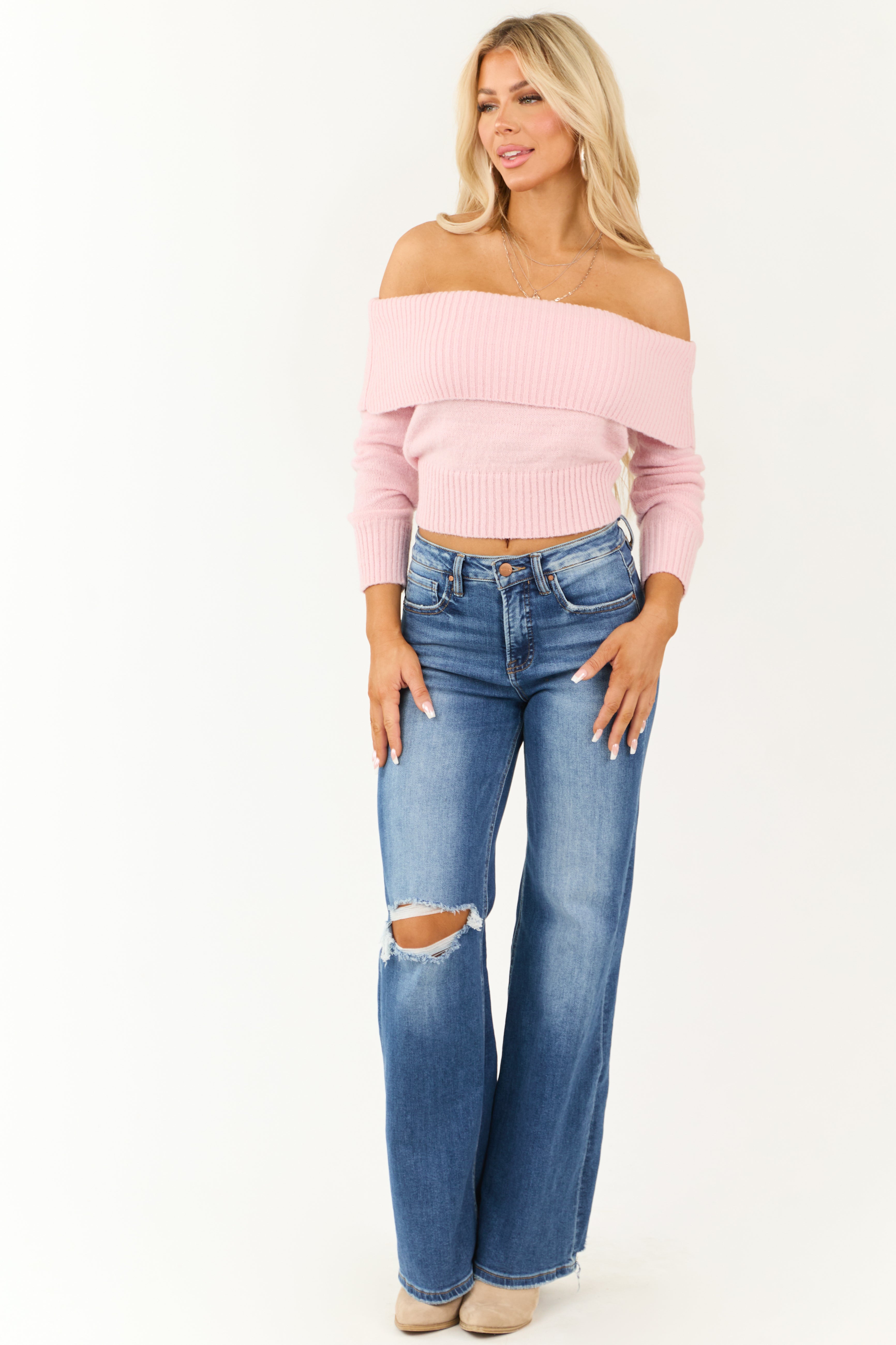 Carnation Off the Shoulder Fold Over Sweater-Newayad