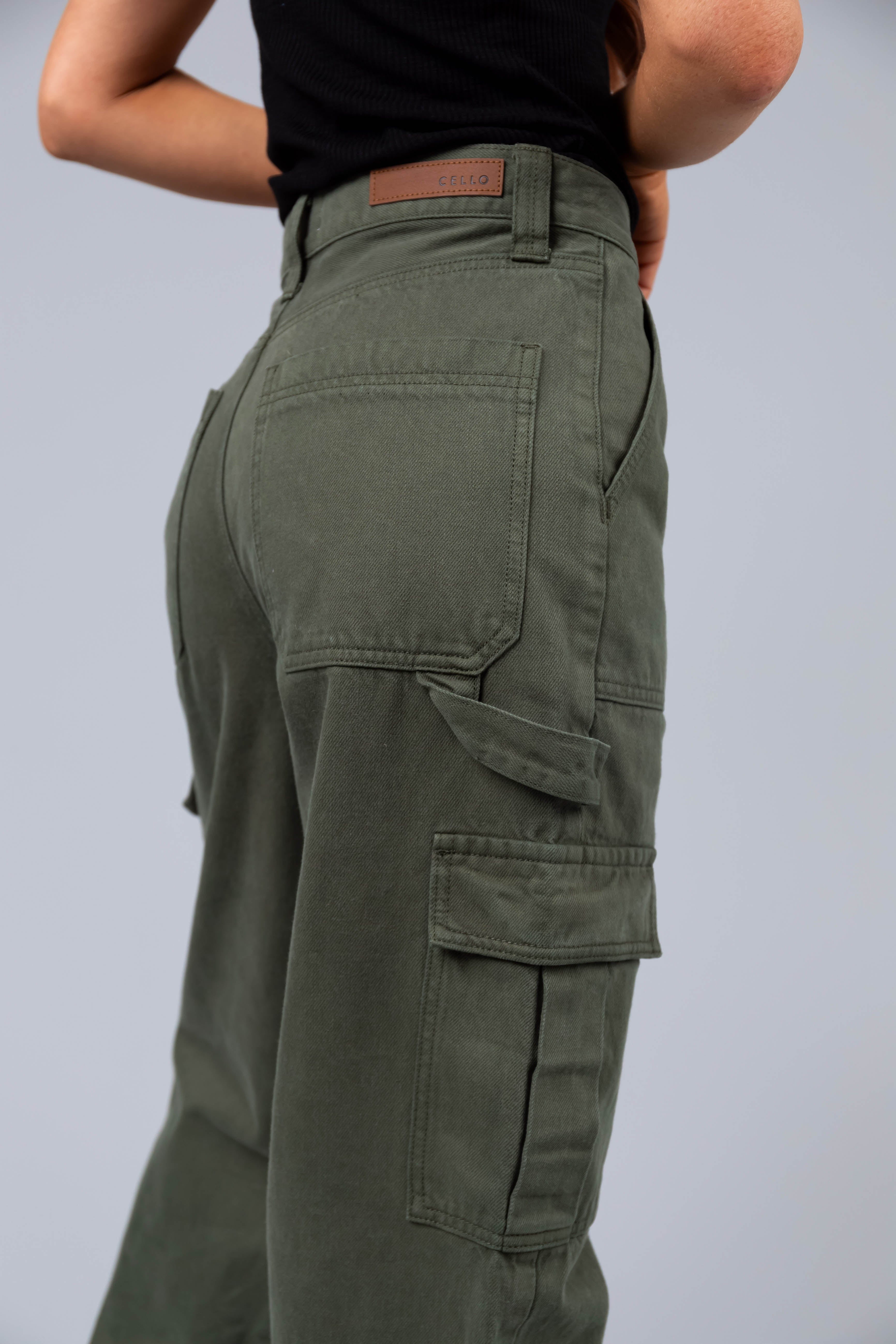 Cello Army Green High Rise Carpenter Jeans-Newayad