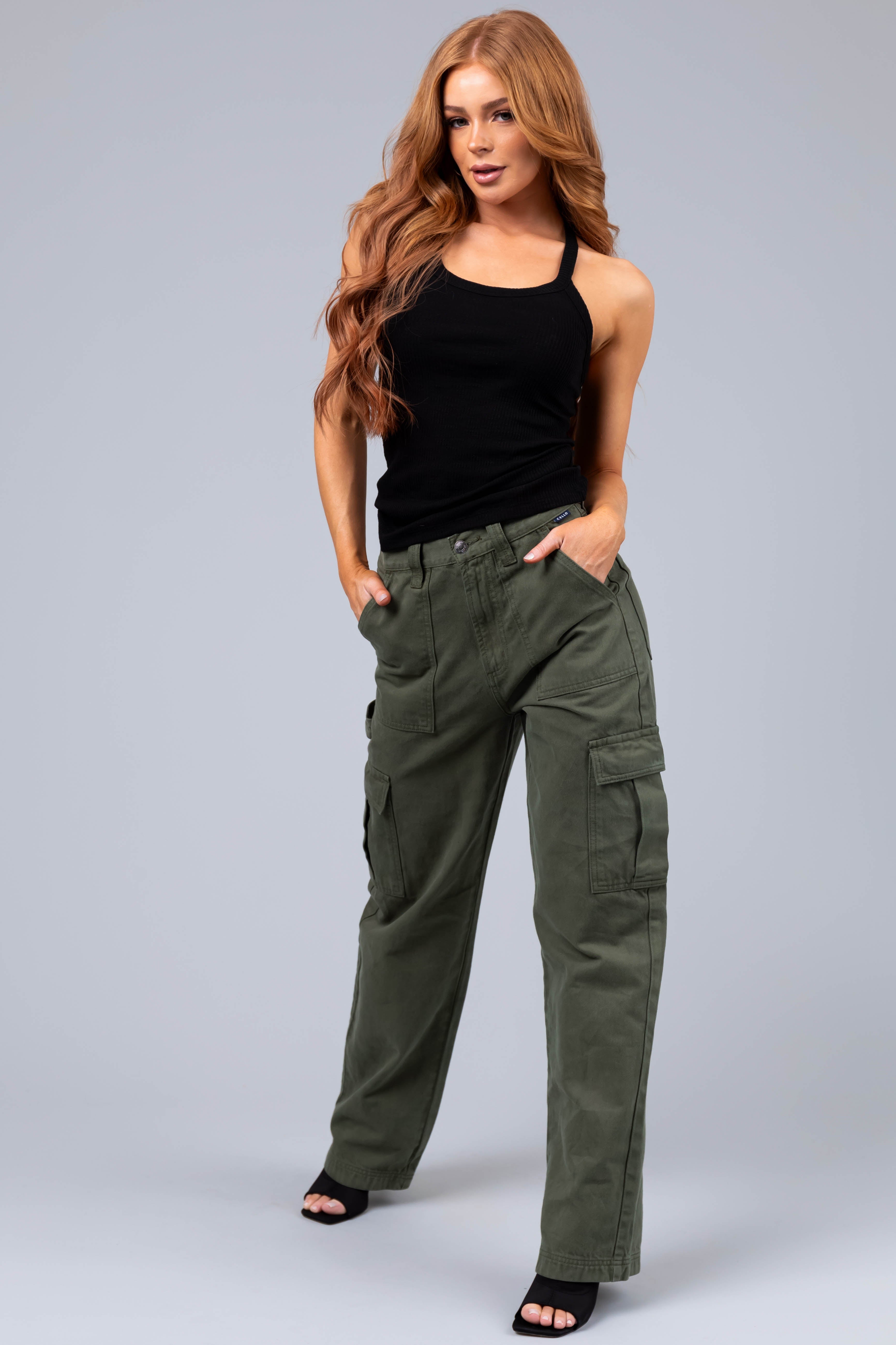 Cello Army Green High Rise Carpenter Jeans-Newayad