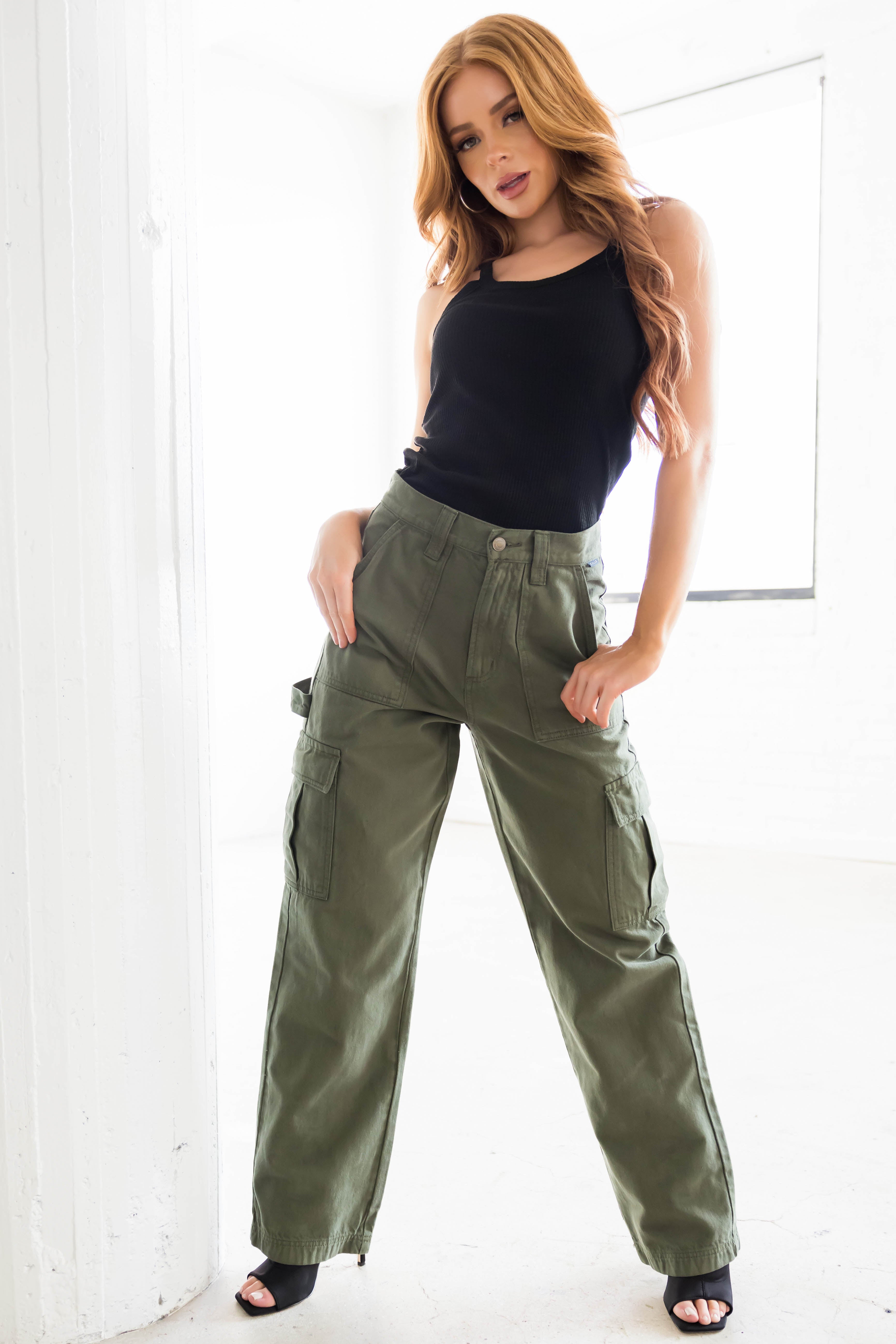 Cello Army Green High Rise Carpenter Jeans-Newayad