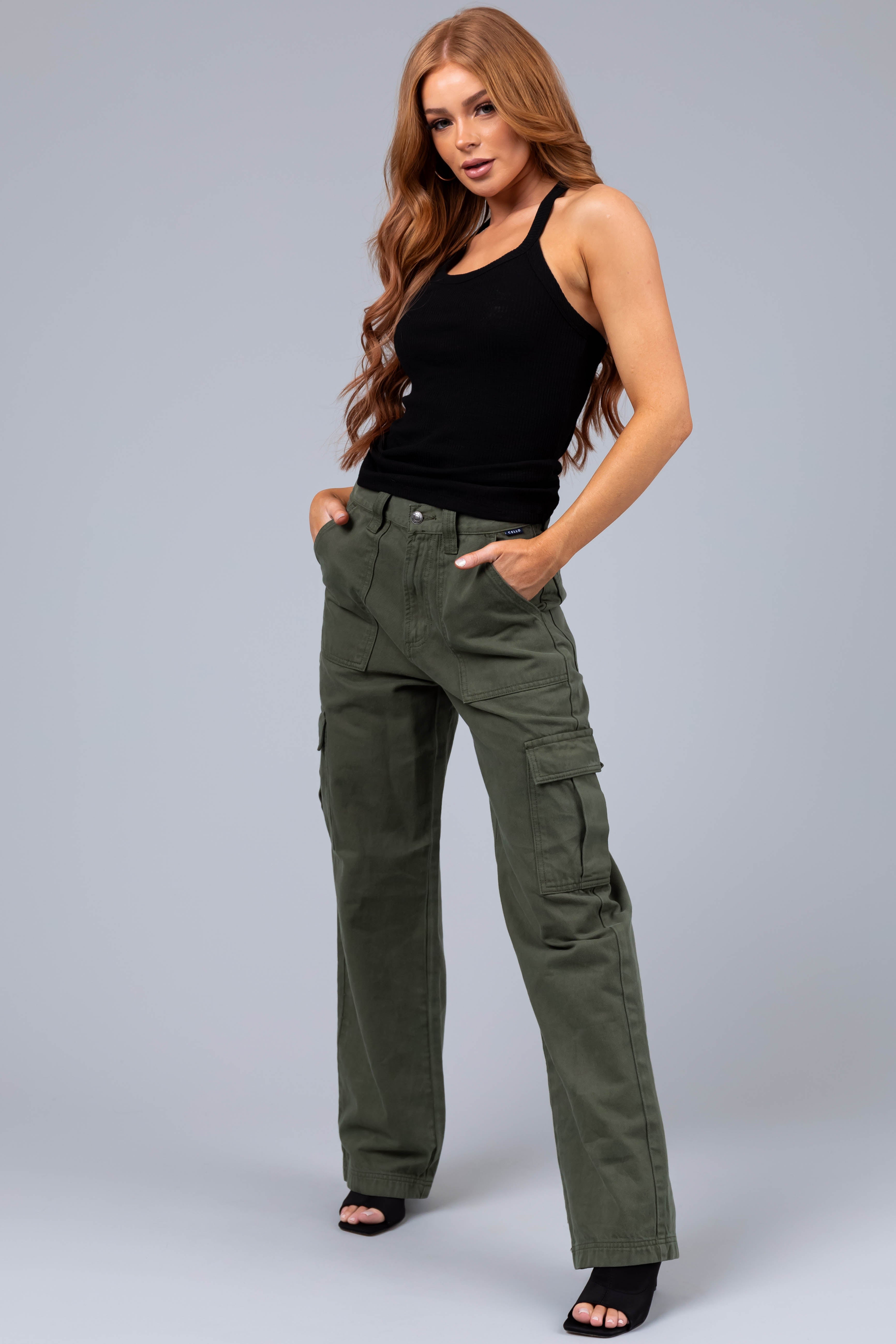 Cello Army Green High Rise Carpenter Jeans-Newayad