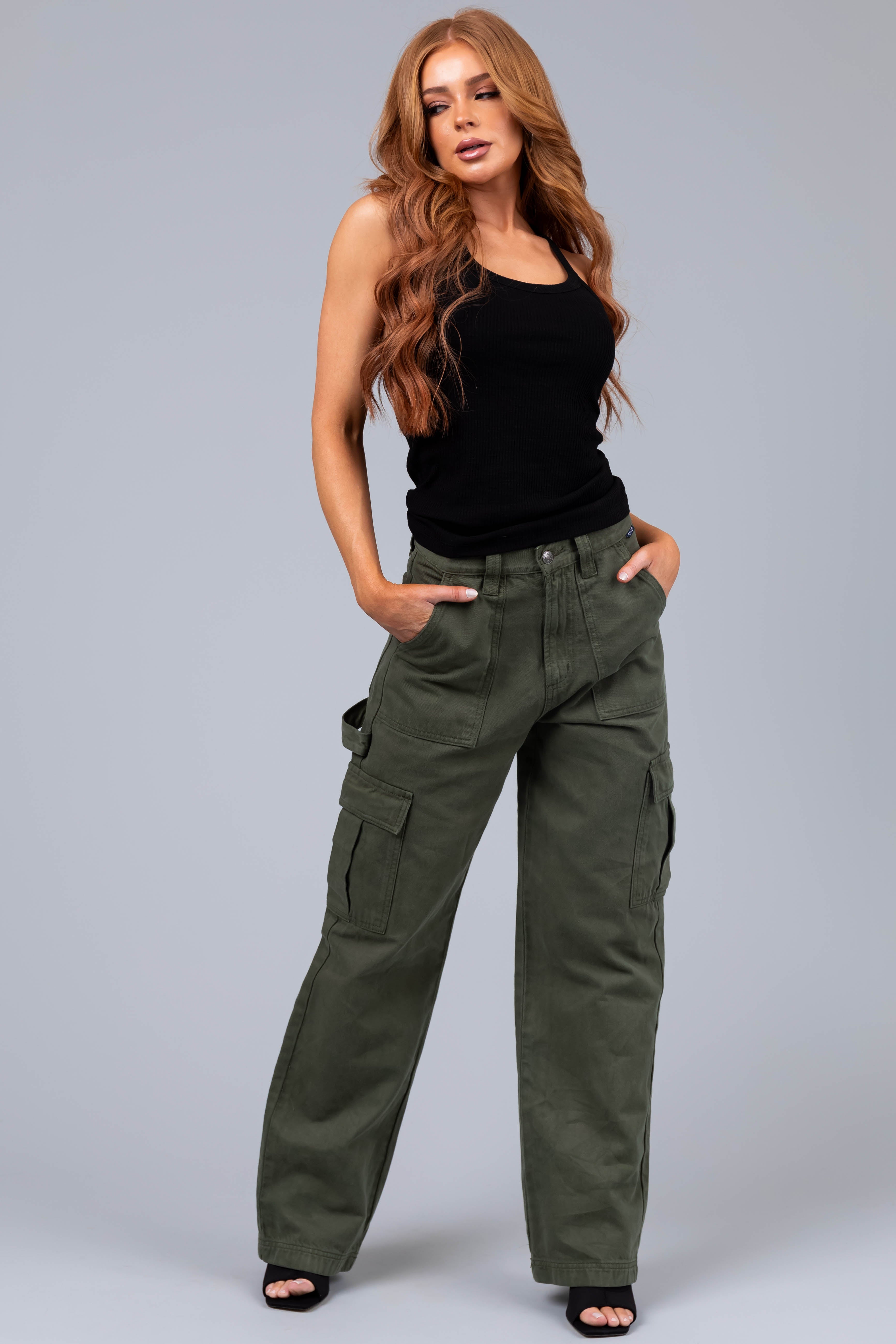 Cello Army Green High Rise Carpenter Jeans-Newayad