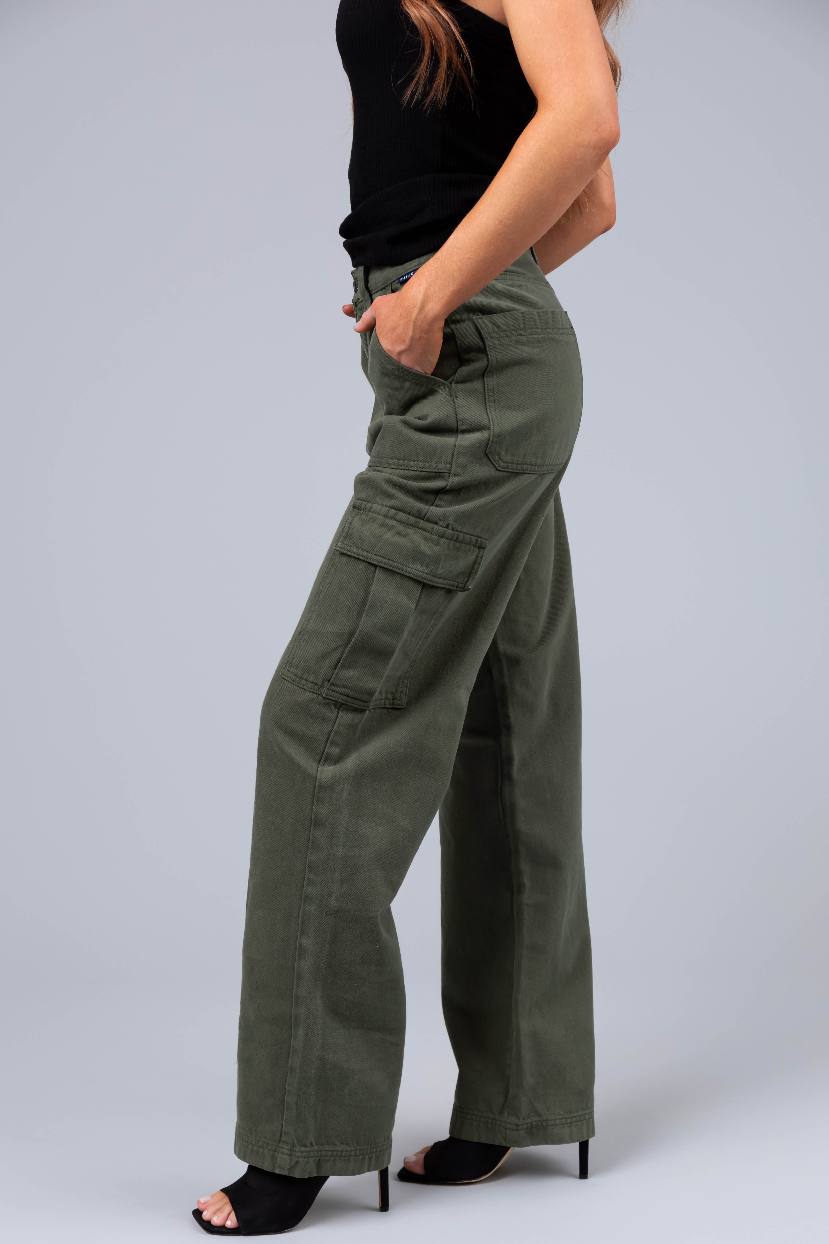 Cello Army Green High Rise Carpenter Jeans-Newayad