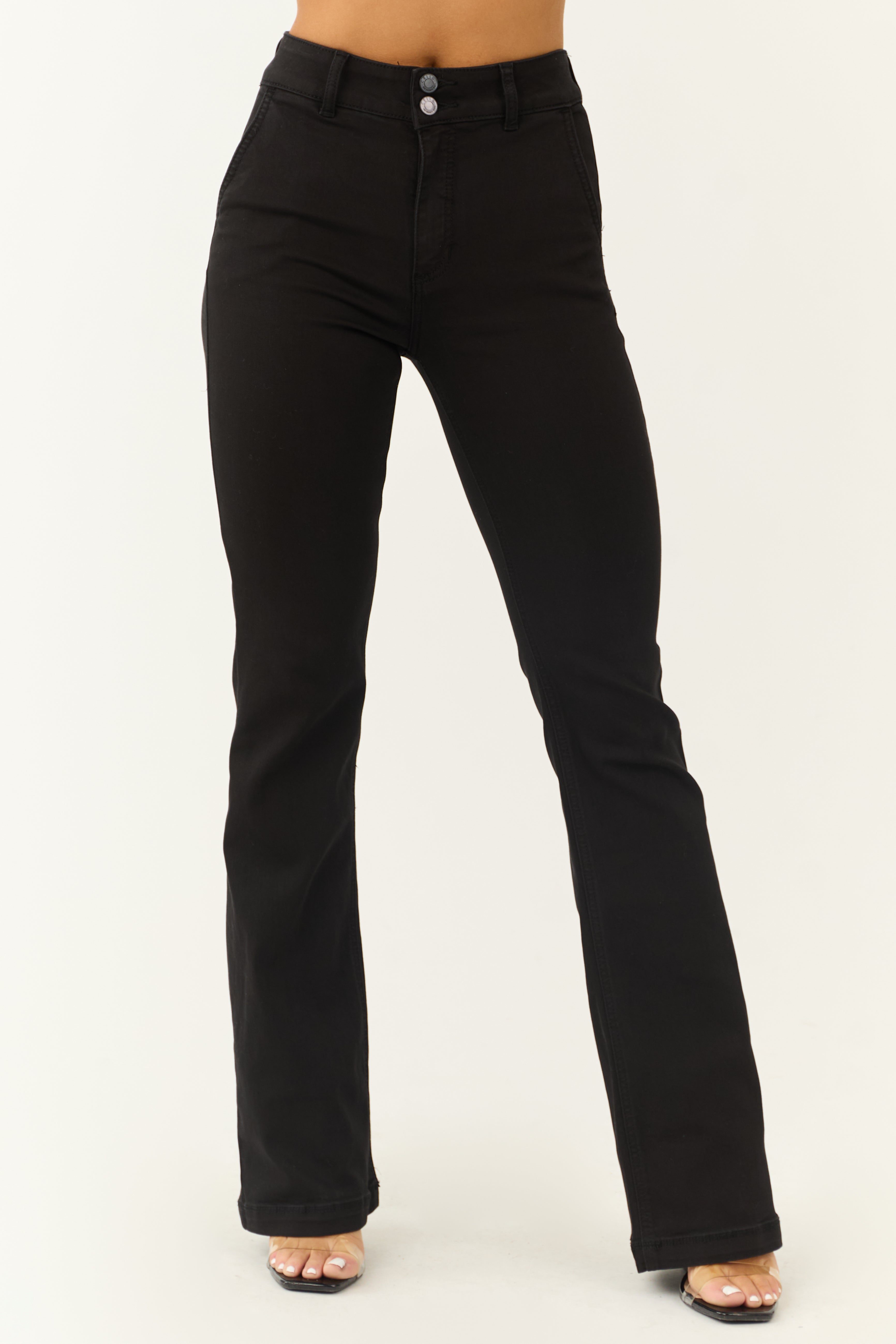 Cello Black High Rise Two Button Slim Flare Jeans-Newayad