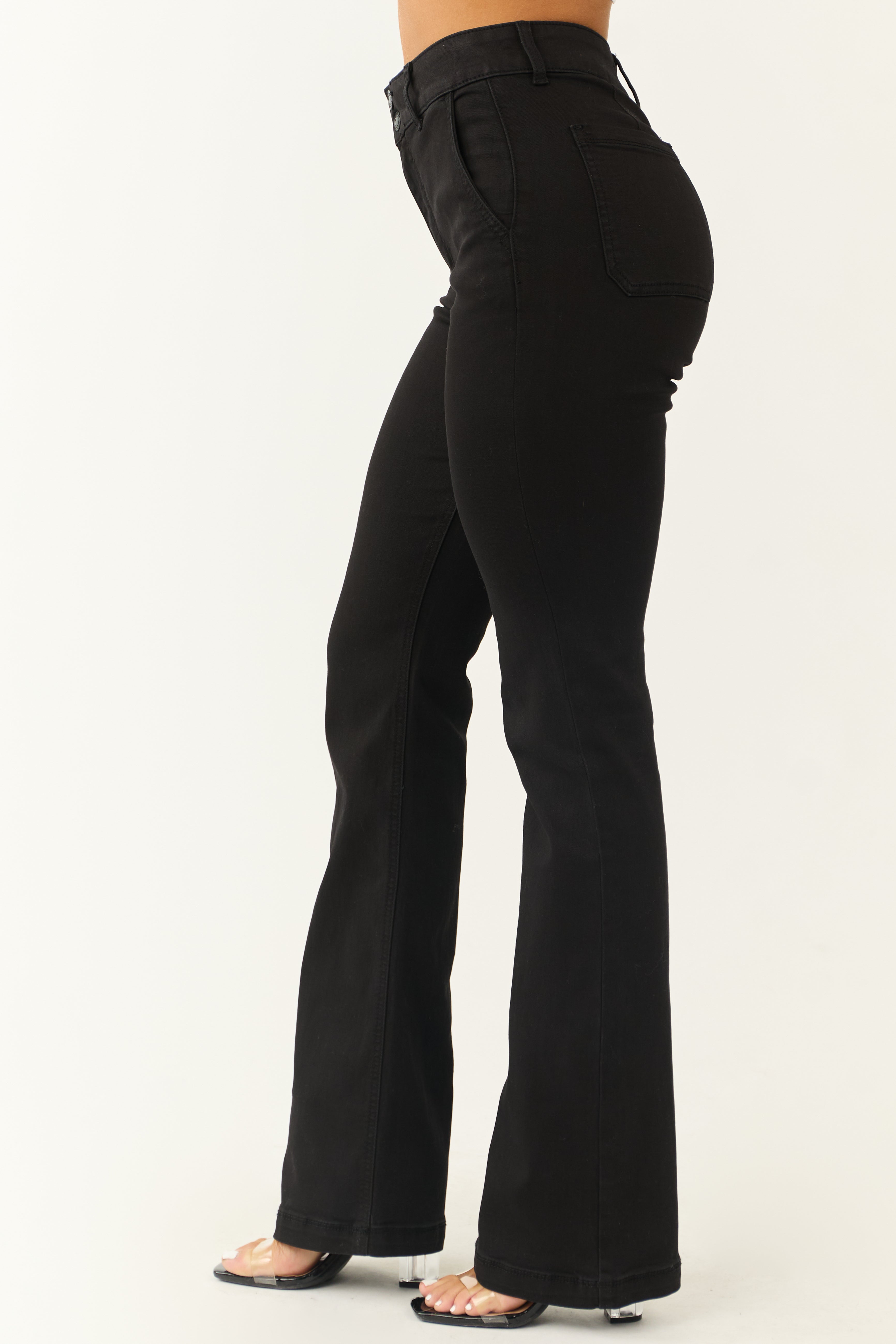 Cello Black High Rise Two Button Slim Flare Jeans-Newayad