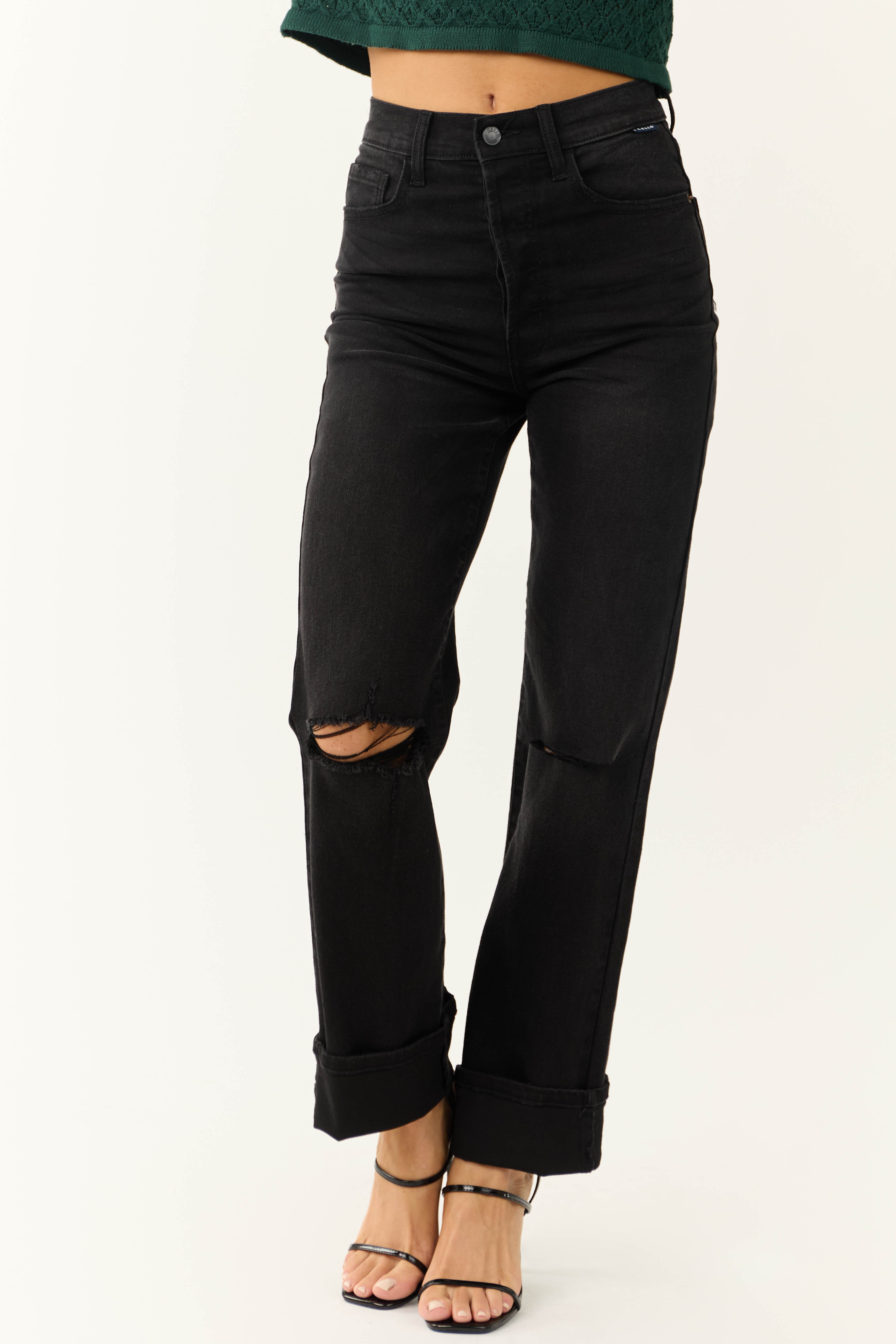 Cello Faded Black High Rise Torn Knee Dad Jeans-Newayad