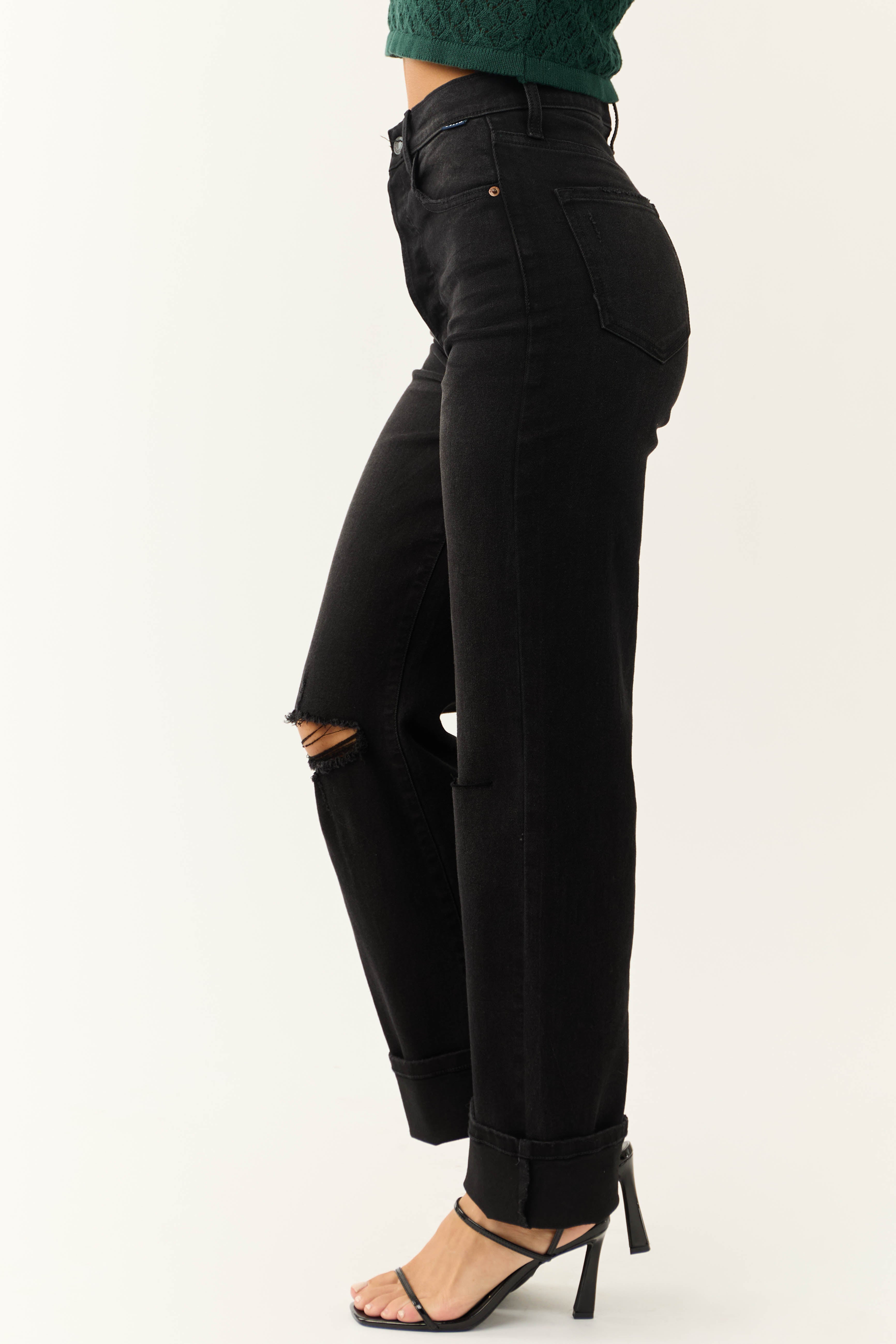 Cello Faded Black High Rise Torn Knee Dad Jeans-Newayad