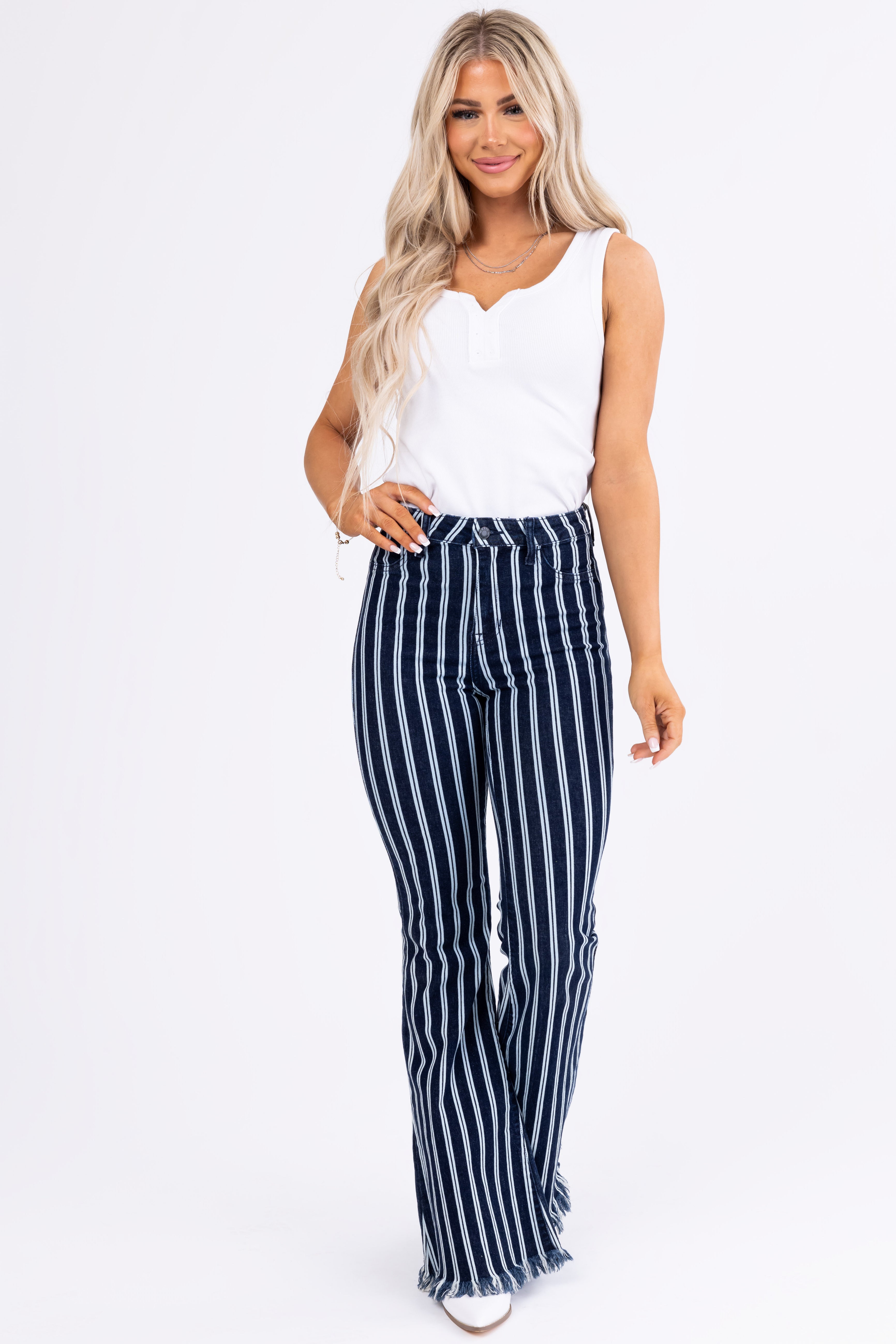 Cello High Rise Striped Super Flare Jeans-Newayad
