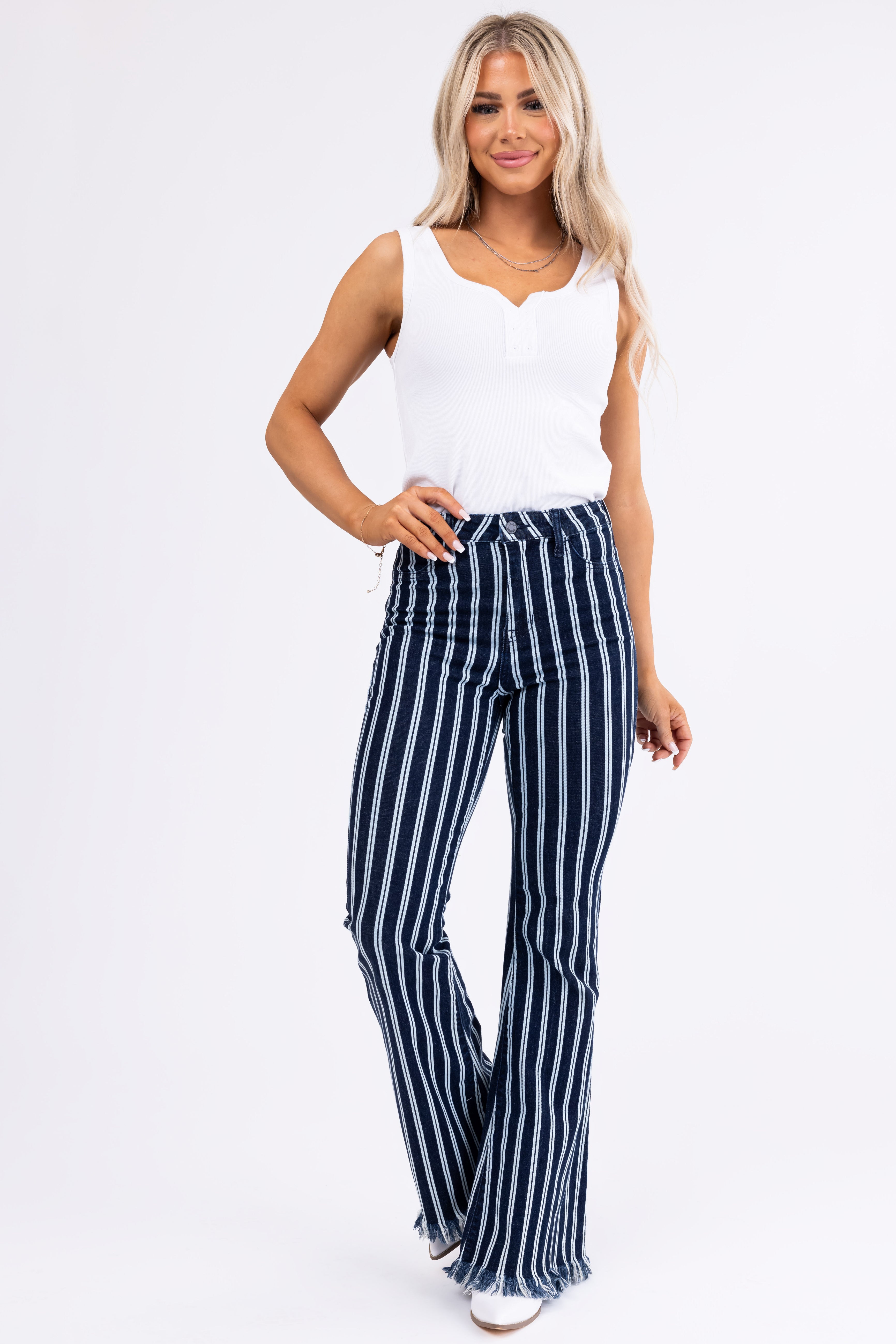 Cello High Rise Striped Super Flare Jeans-Newayad