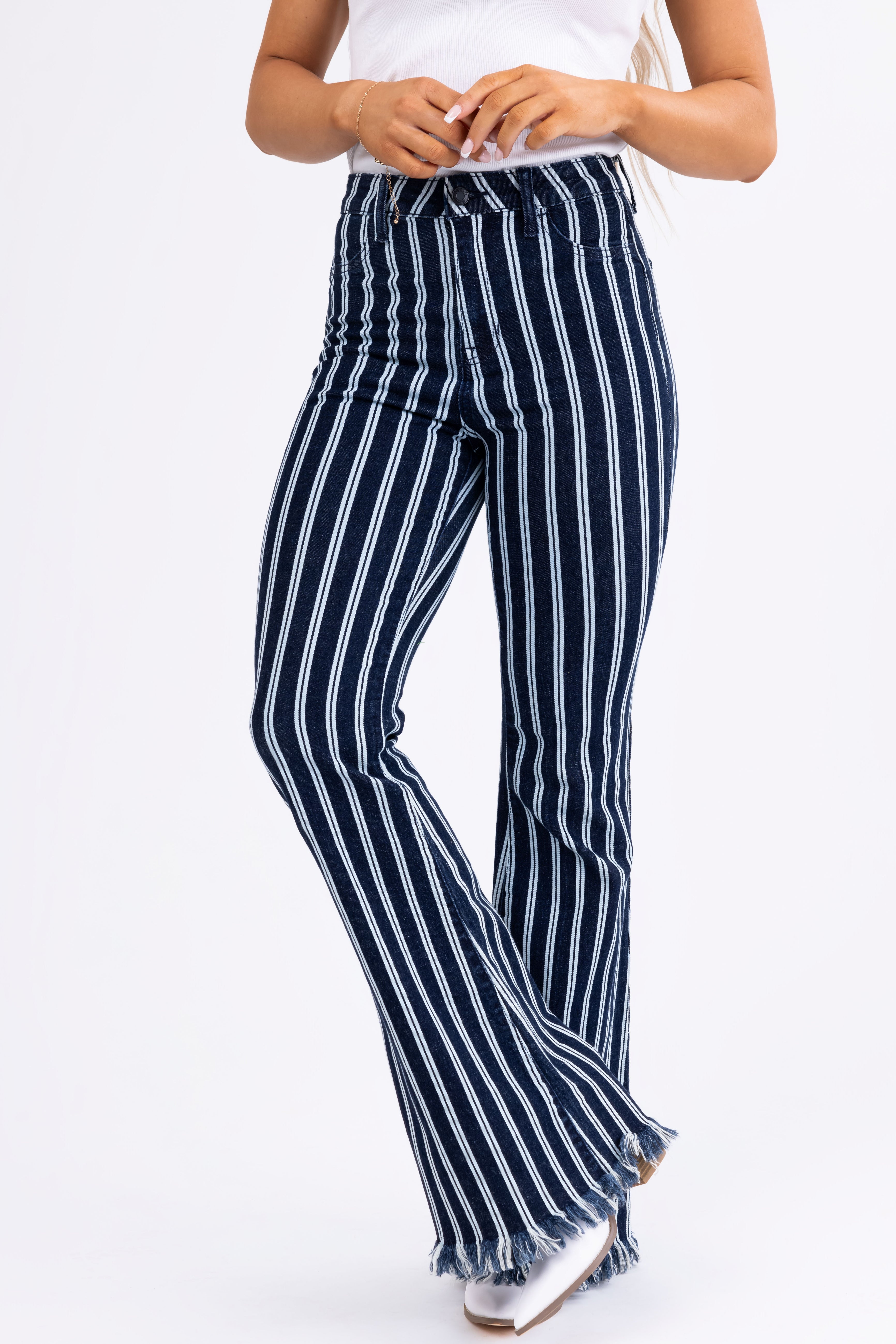 Cello High Rise Striped Super Flare Jeans-Newayad