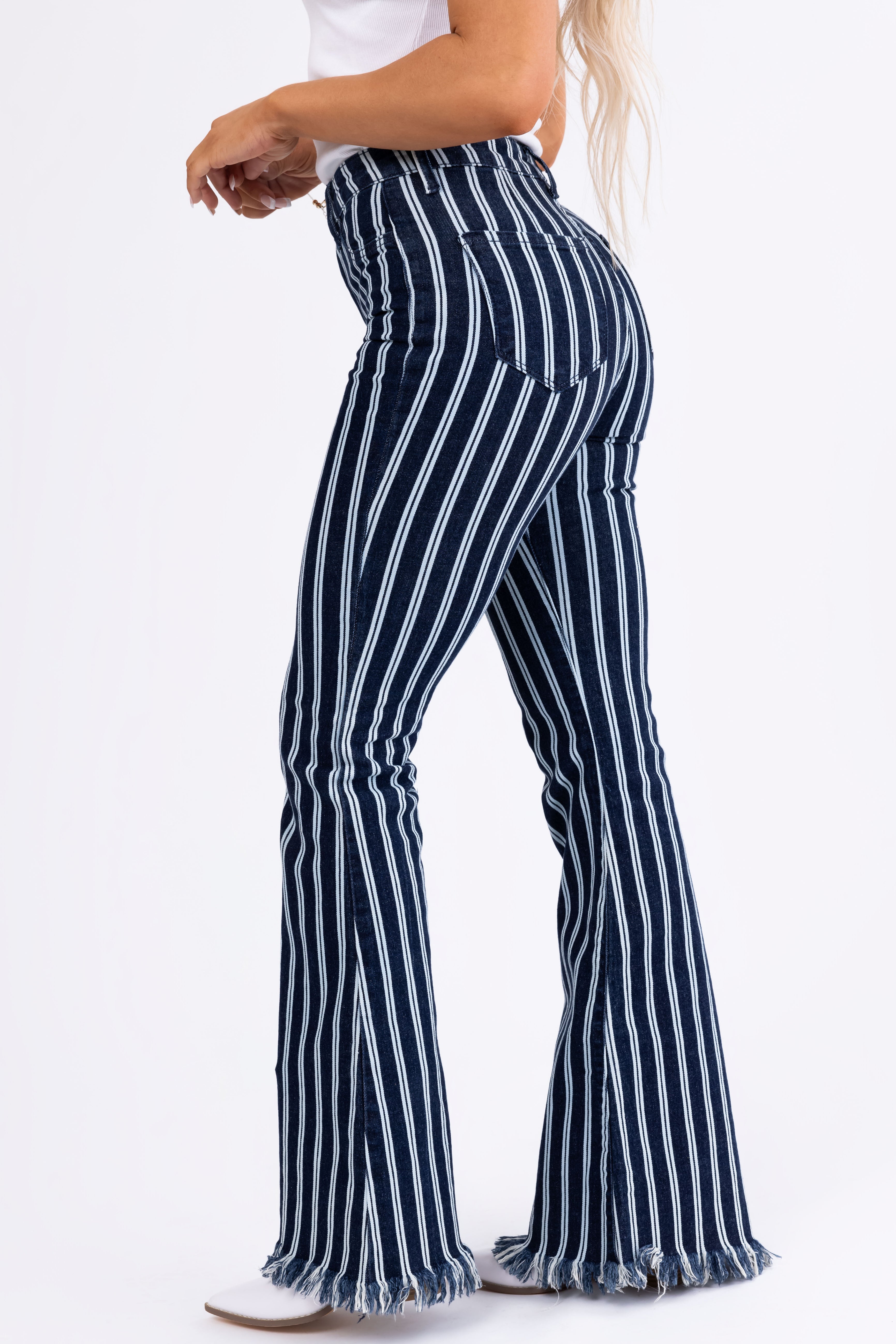 Cello High Rise Striped Super Flare Jeans-Newayad
